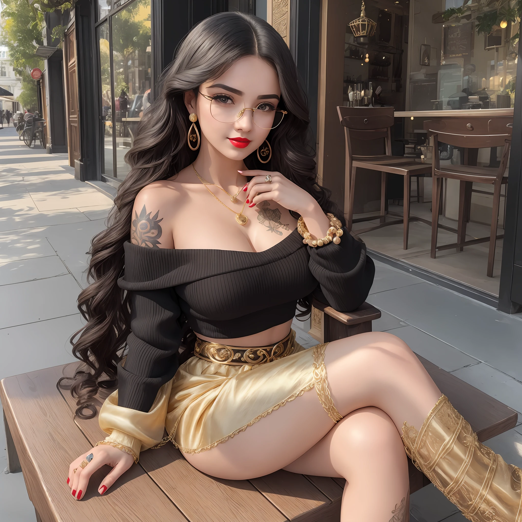 A 22-year-old sunny beautiful royal sister, beautiful eyes, gold wire glasses, realistic face, delicate and complete facial features, rosy lips, beautiful and handsome, black wavy long hair, charming temperament, extreme details, realistic details, huge breasts wrapped around the chest, off-the-shoulder sweater, bright tight trousers, high heels, greeting the sun, sitting on a chair outside the coffee shop, master works, earrings, tattoos, red lips, necklaces, delicate facial features, sharp temperament --auto --s2