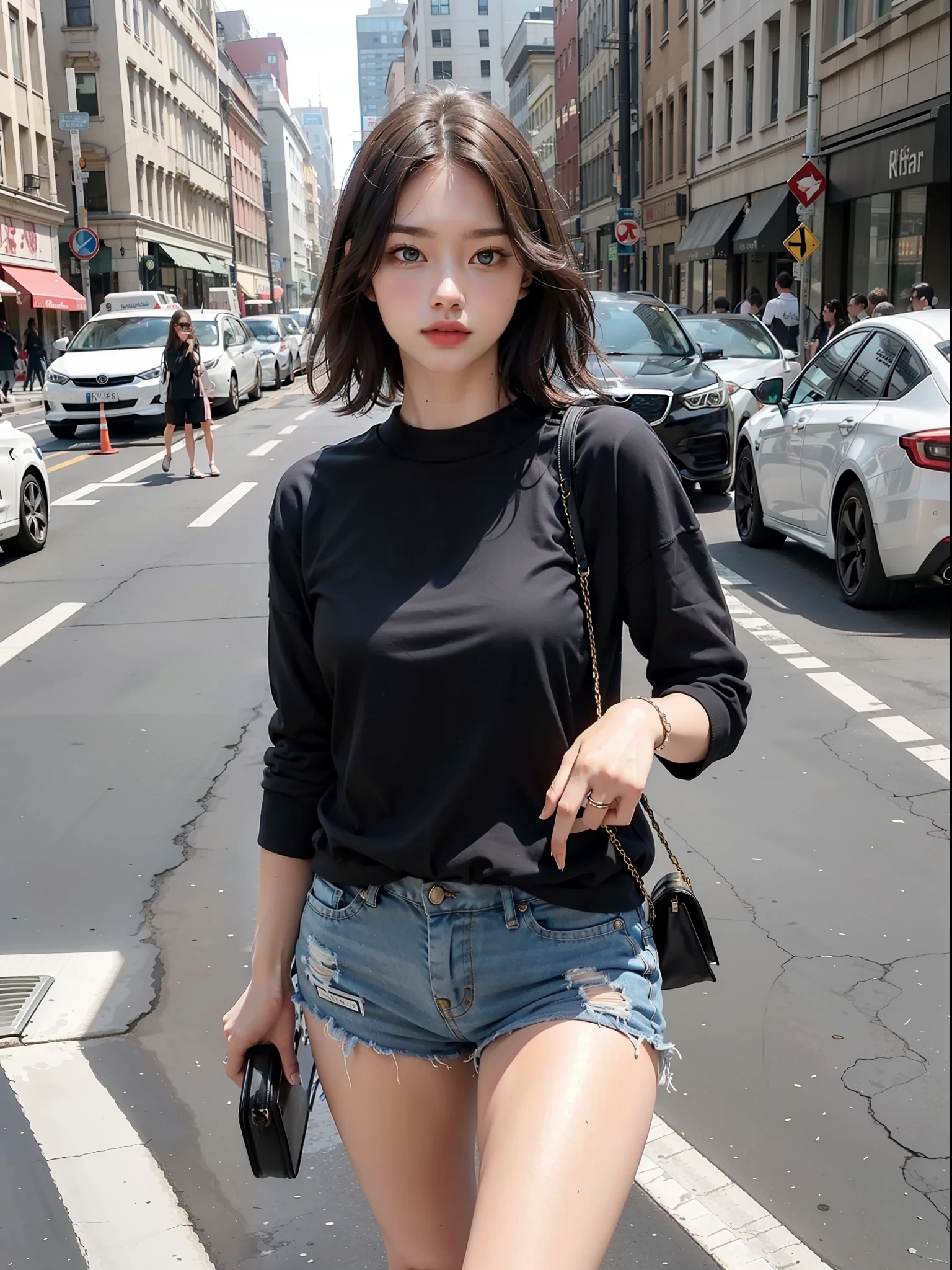 Beautiful woman, fiddling with cell phone in the middle of the street, short clothes