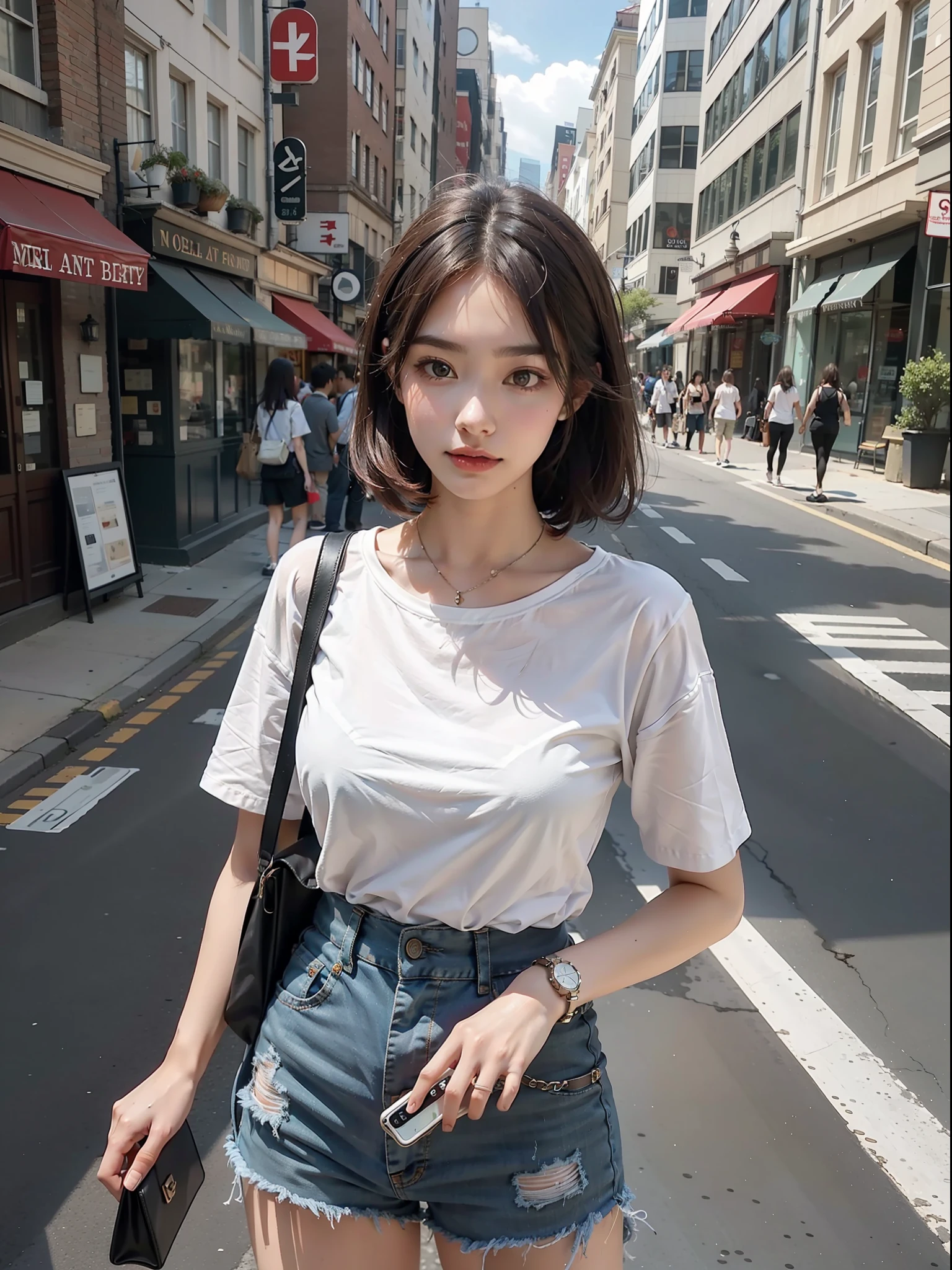 Beautiful woman, fiddling with cell phone in the middle of the street, short clothes