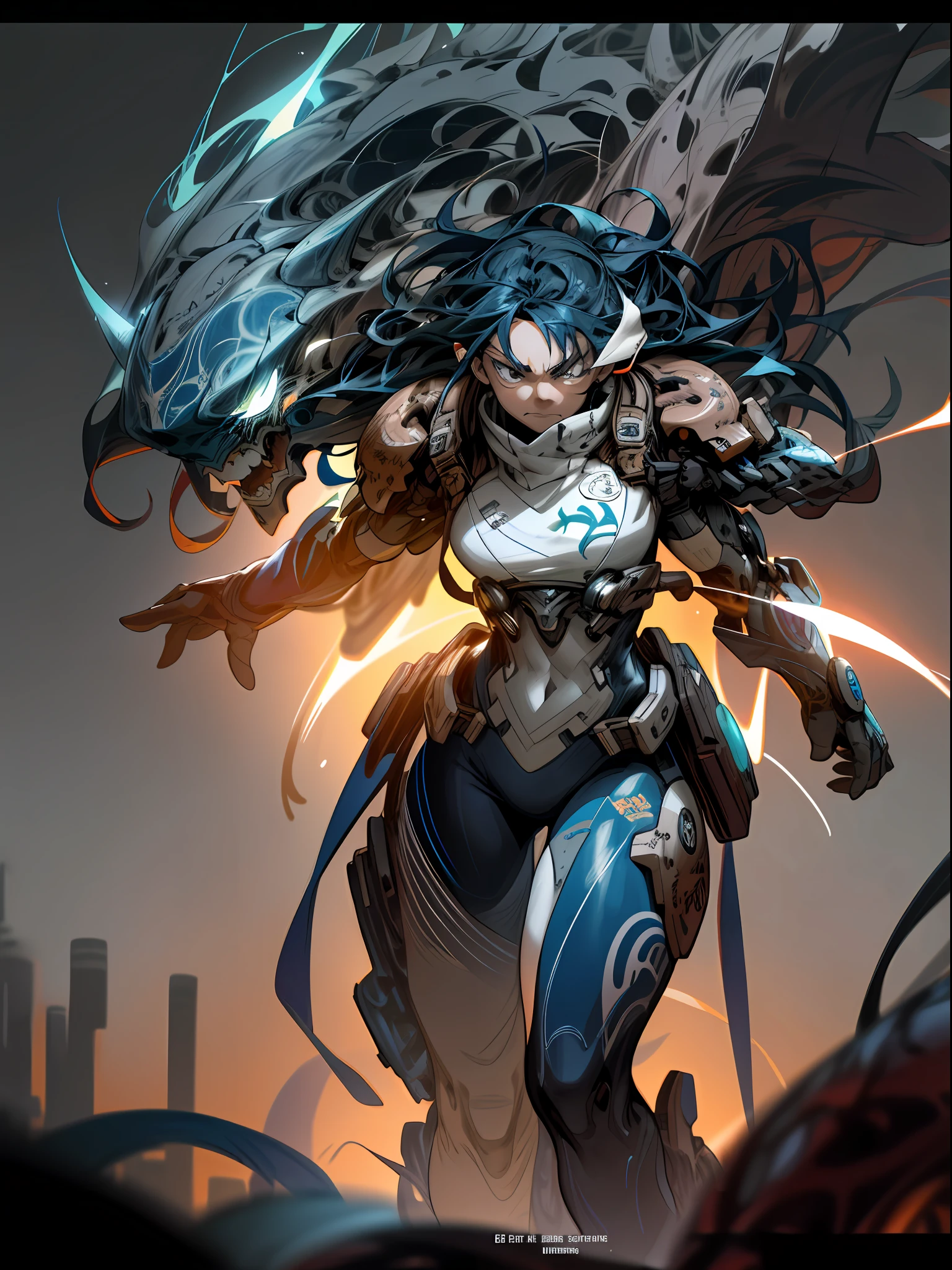 background, mixed-language_text, Japanese graffiti letters, a warrior nulher with long black hair cascading down her back. His eyes are a deep shade of amber, which shine with intensity when he is in battle. She possesses an athletic and slender appearance, with a confident and determined posture. Her skin has a light tan tone, evidencing her strength and endurance, woman fighting with alien creature full of mechanical tentacles, with immersive effects, hover effect, graphite style background with vibrant colors "hdr ultra" detailed and with focus effect, sticker art, freedom, soul, digital illustration, comic style, centered, approaching perfection, dynamic, highly detailed, watercolor painting, artstation, concept art, smooth, sharp focus, illustration, art by carne griffiths and ,alone anime, centered, approaching perfection, drawing style illustrator, anime style, body with futuristic tribal tattoo style designs in dragon shape, serious face and ultra detailed artwork, graffiti style destroyed city scenery with camera focus,