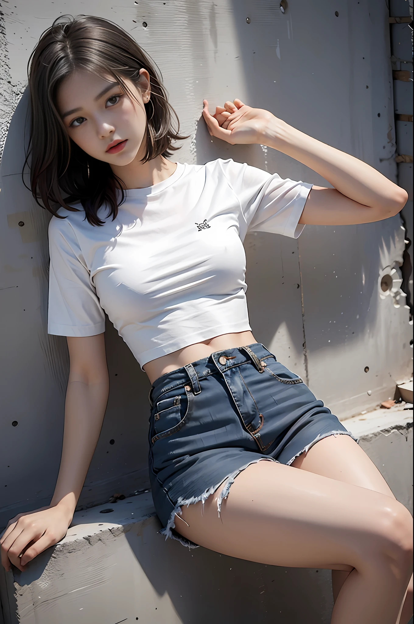 Girl in white shirt and tight denim skirt posing for photo, full body, legs spread, cut t-shirt, bra, slim body, small bust, slim girl model, 24 year old female model, lying on construction site, group of black men watching