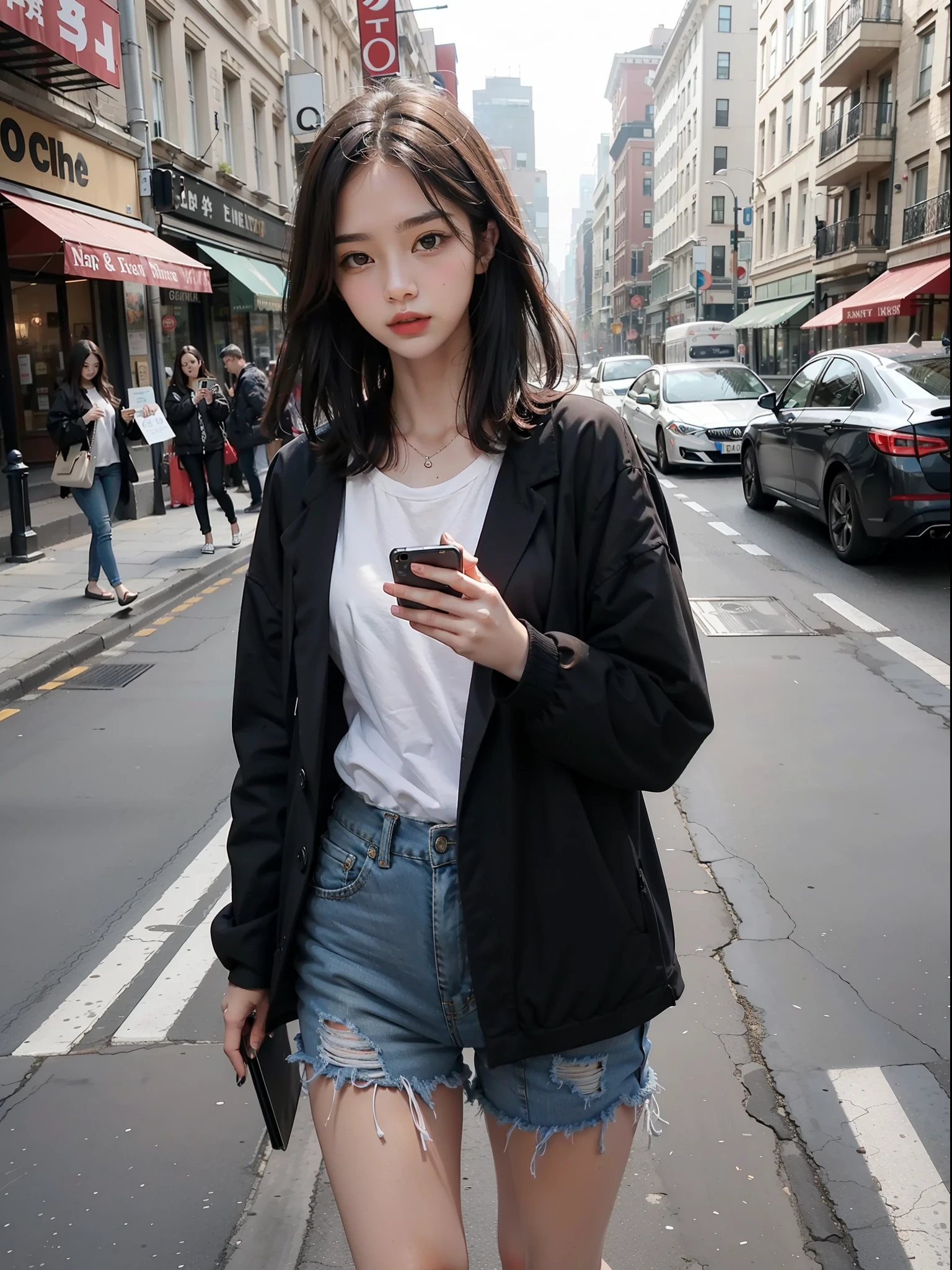 Beautiful woman, fiddling with cell phone in the middle of the street, short clothes