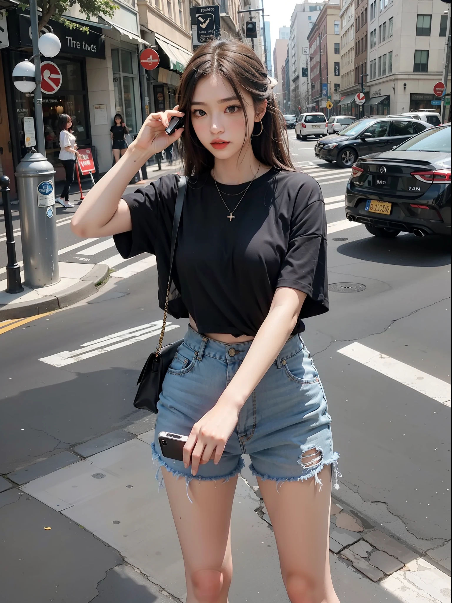 Beautiful woman, fiddling with cell phone in the middle of the street, short clothes