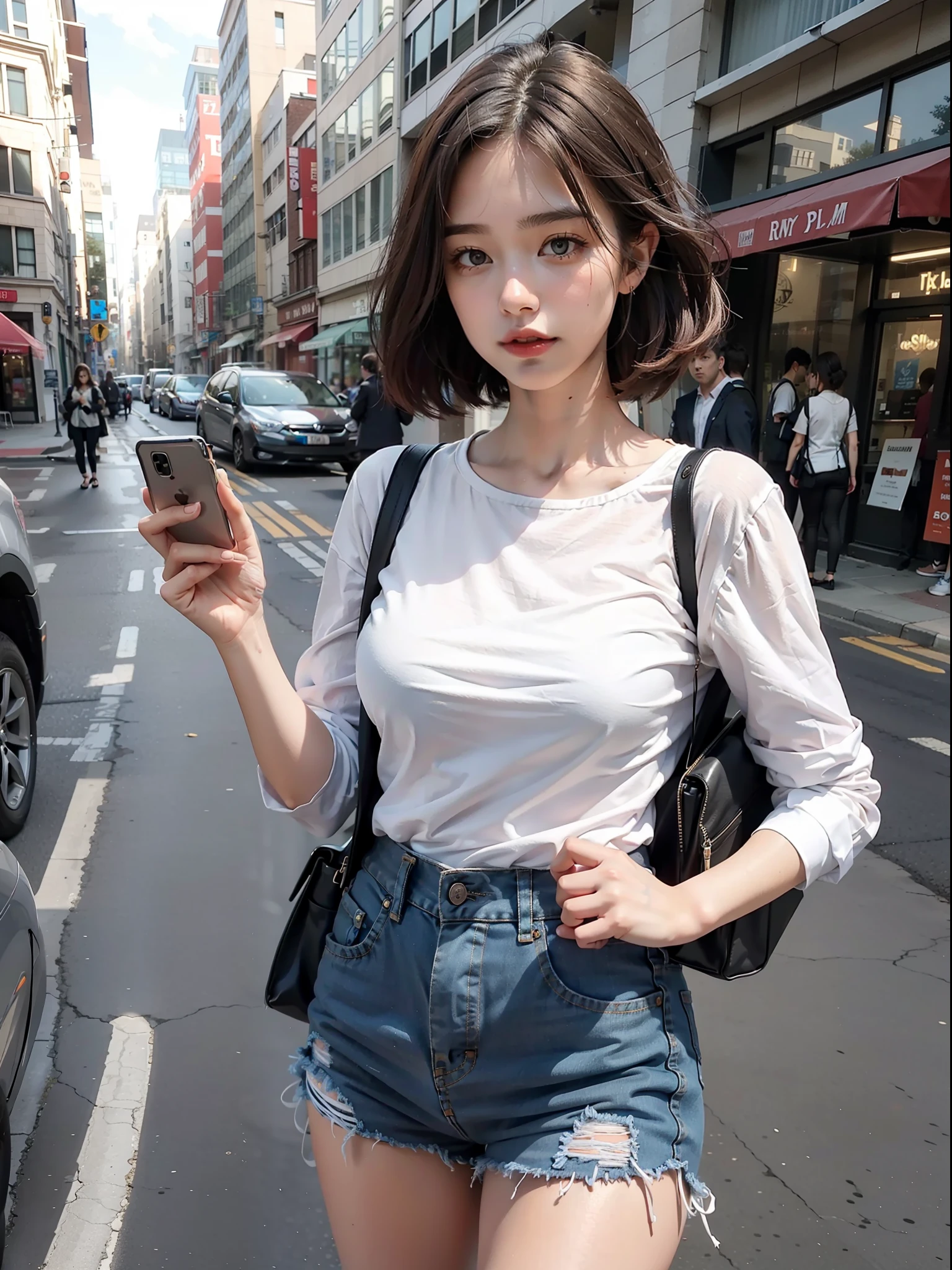 Beautiful woman, fiddling with cell phone in the middle of the street, short clothes