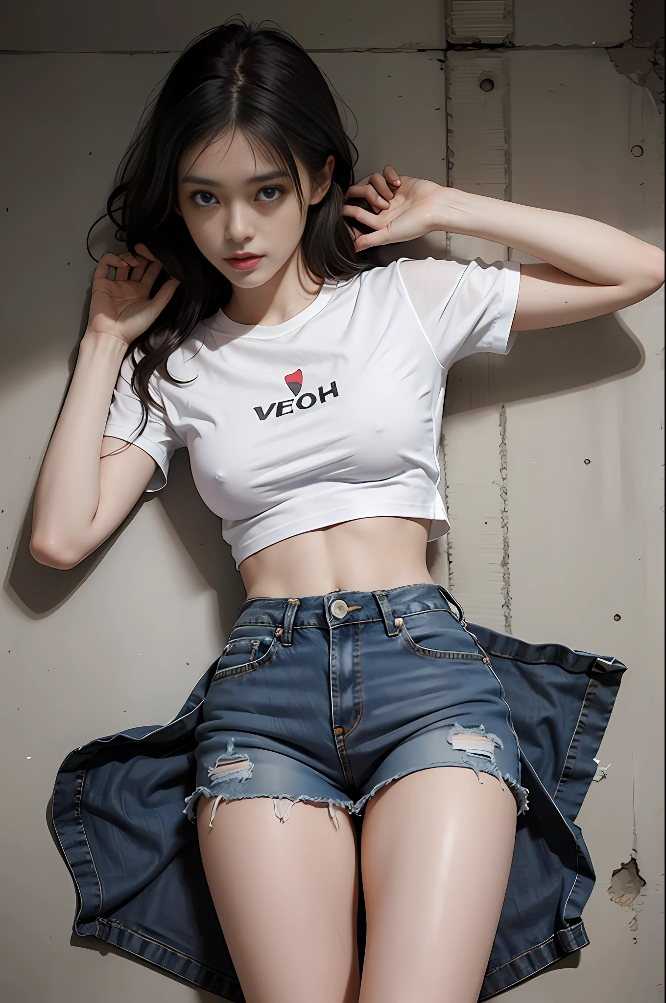 Girl in white shirt and tight denim skirt posing for photo, full body, legs spread, cut t-shirt, bra, slim body, small bust, slim girl model, 24 year old female model, lying on construction site, group of black men watching
