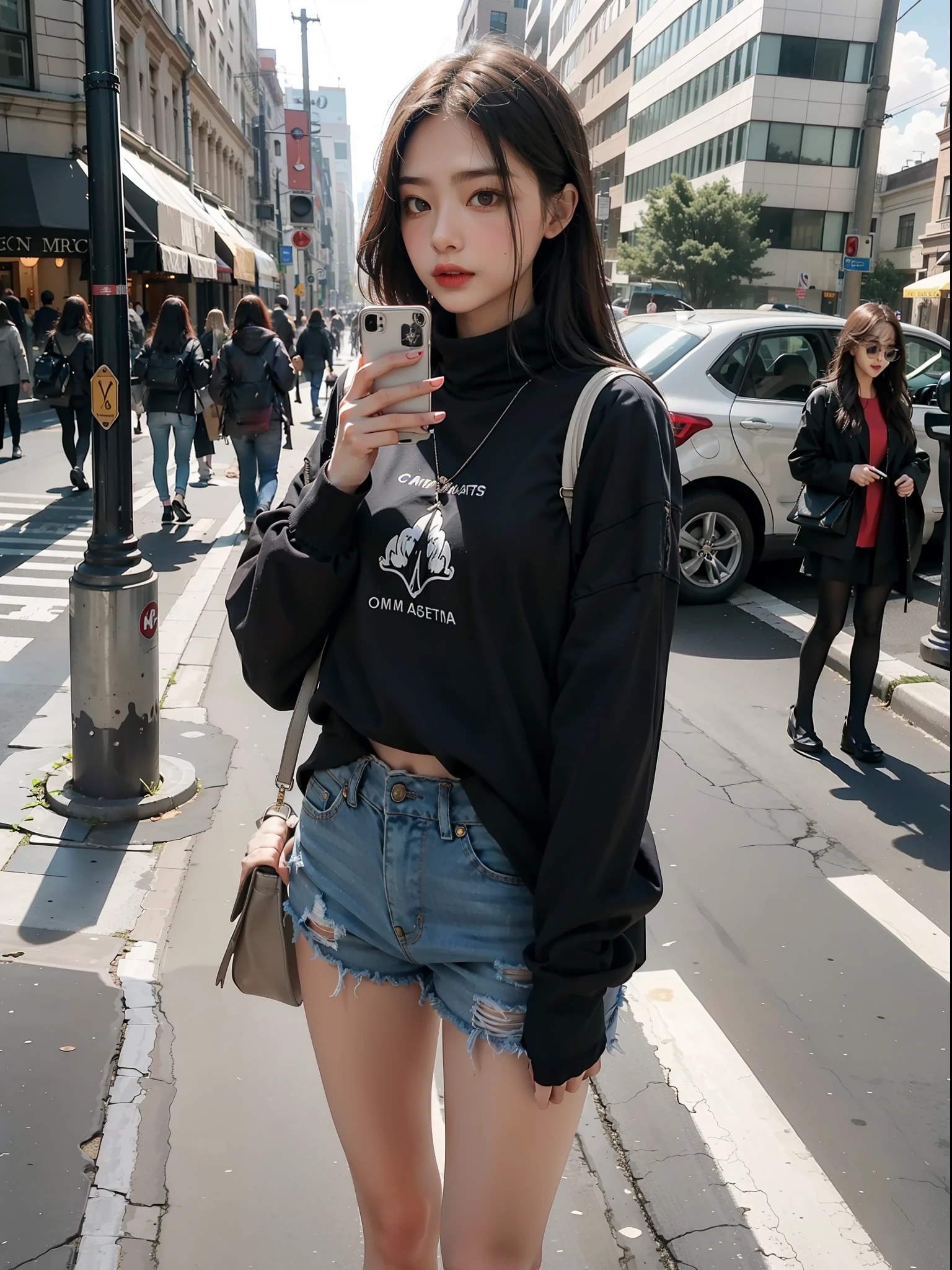 Beautiful woman, fiddling with cell phone in the middle of the street, short clothes