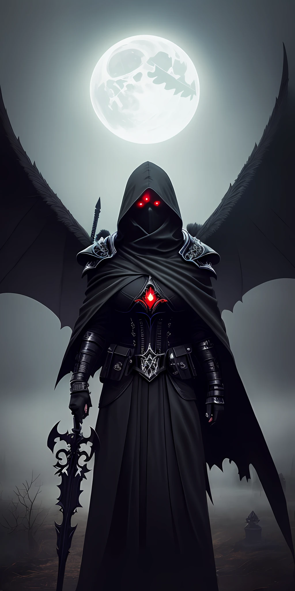 (16k, masterpiece, best quality), ultra-detailed, detailed beautiful round eyes, beautifully detailed face, high quality, high resolution, perfect anatomy, (good anatomy), (a reaper appeared from the fog), in the darkness of the night, darkness, reaper hood, evil, graveyard background, varied pose, huge breast, looking into the distance, side view, reaper, holding ((schyte)), schyte weapon, dark aura, demon hand, schyte on shoulder