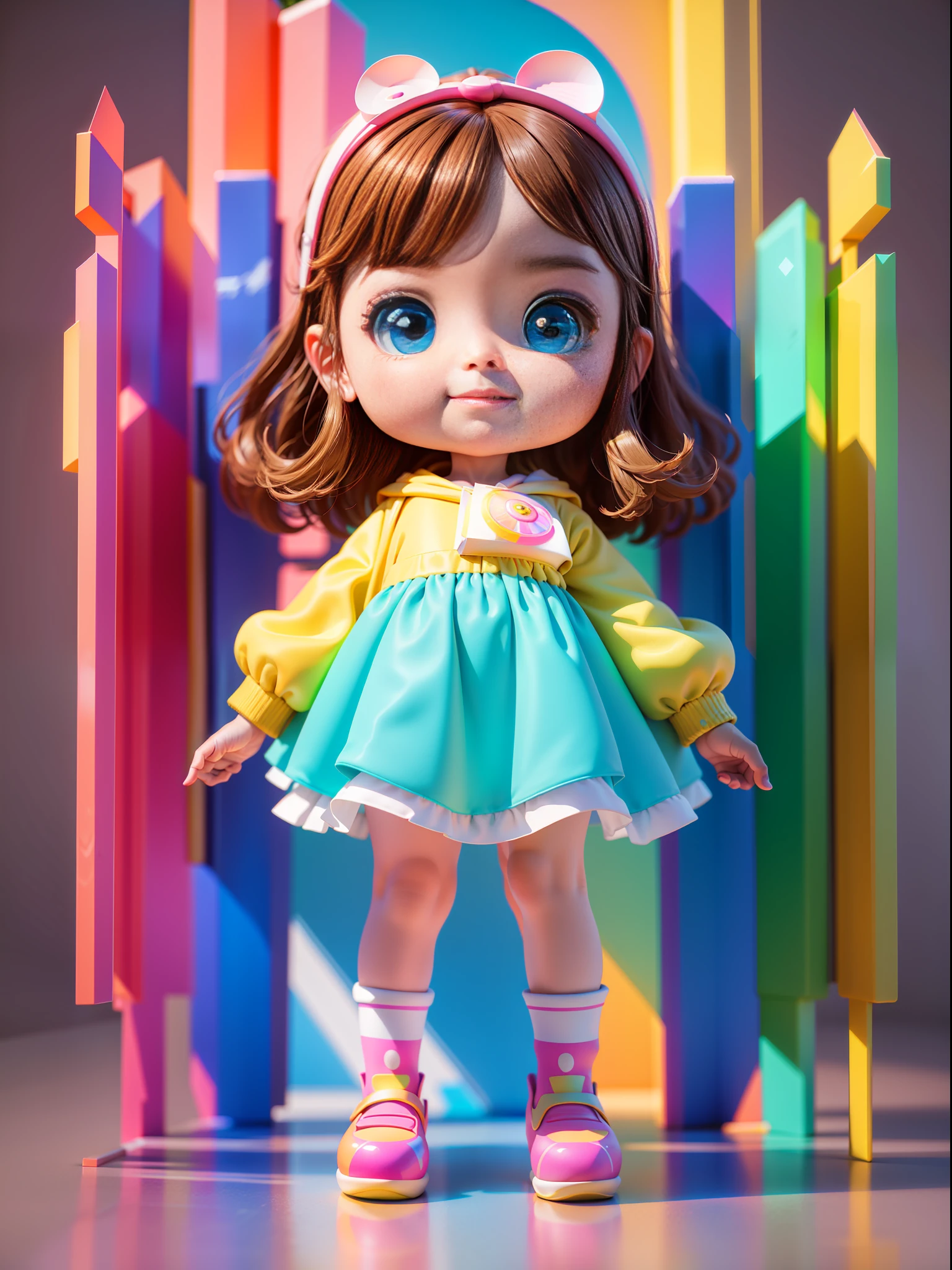 (Masterpiece), (Excellent), (Super Detailed), (Full Body: 1.2), A Q version of Super Cute Girl, Cute, Big Watery Eyes, , Fleshy Face, Smile, Brunette Hair, Dreamy, Super Cute, IP by pop-mart, Colorful colors, High detail, Super quality, Bright colors, Disney style, fine gloss, 3D rendering, oc rendering, best quality, bright, front lighting, face shot, delicate gloss, 8k, colorful colors, Future ancient city