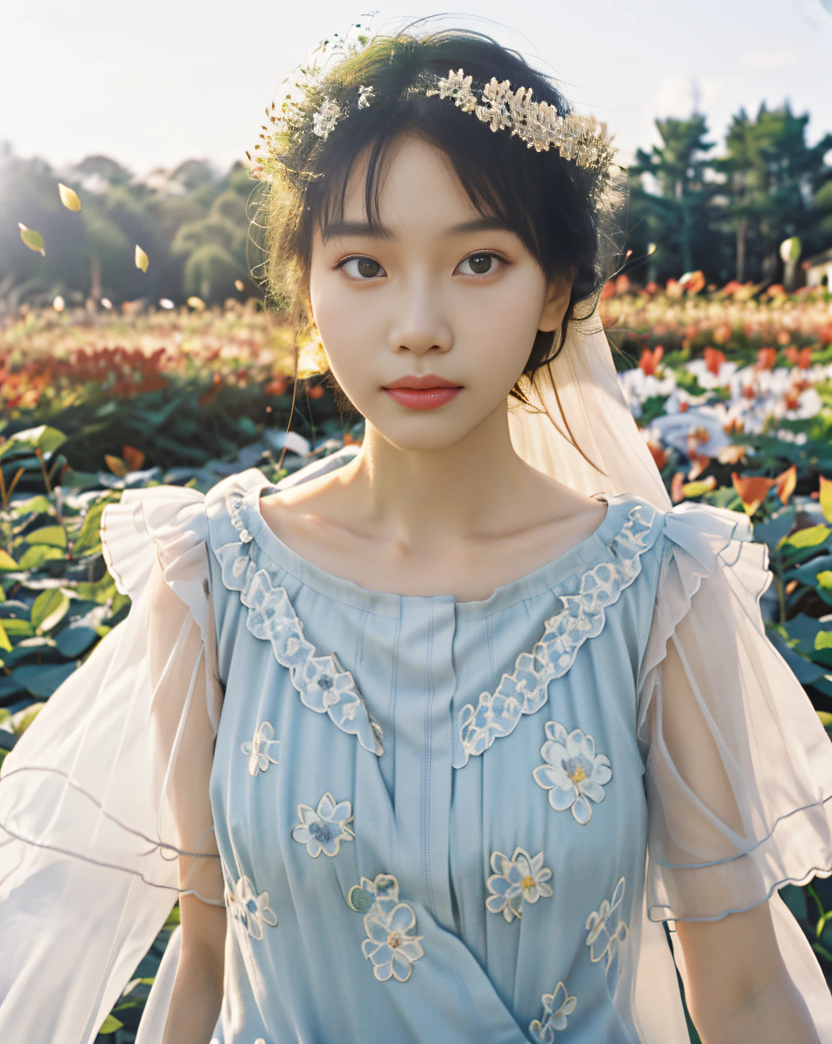 1girl, flowing sundress, floral headpiece, delicate makeup, (luminous eyes, smooth skin texture, gentle facial expression), golden hour lighting, serene garden setting, butterflies or flower petals, depth of field, warm color palette, whimsical atmosphere, high-resolution, soft focus.
portrait photography, 35mm film, natural blurry, filmg,