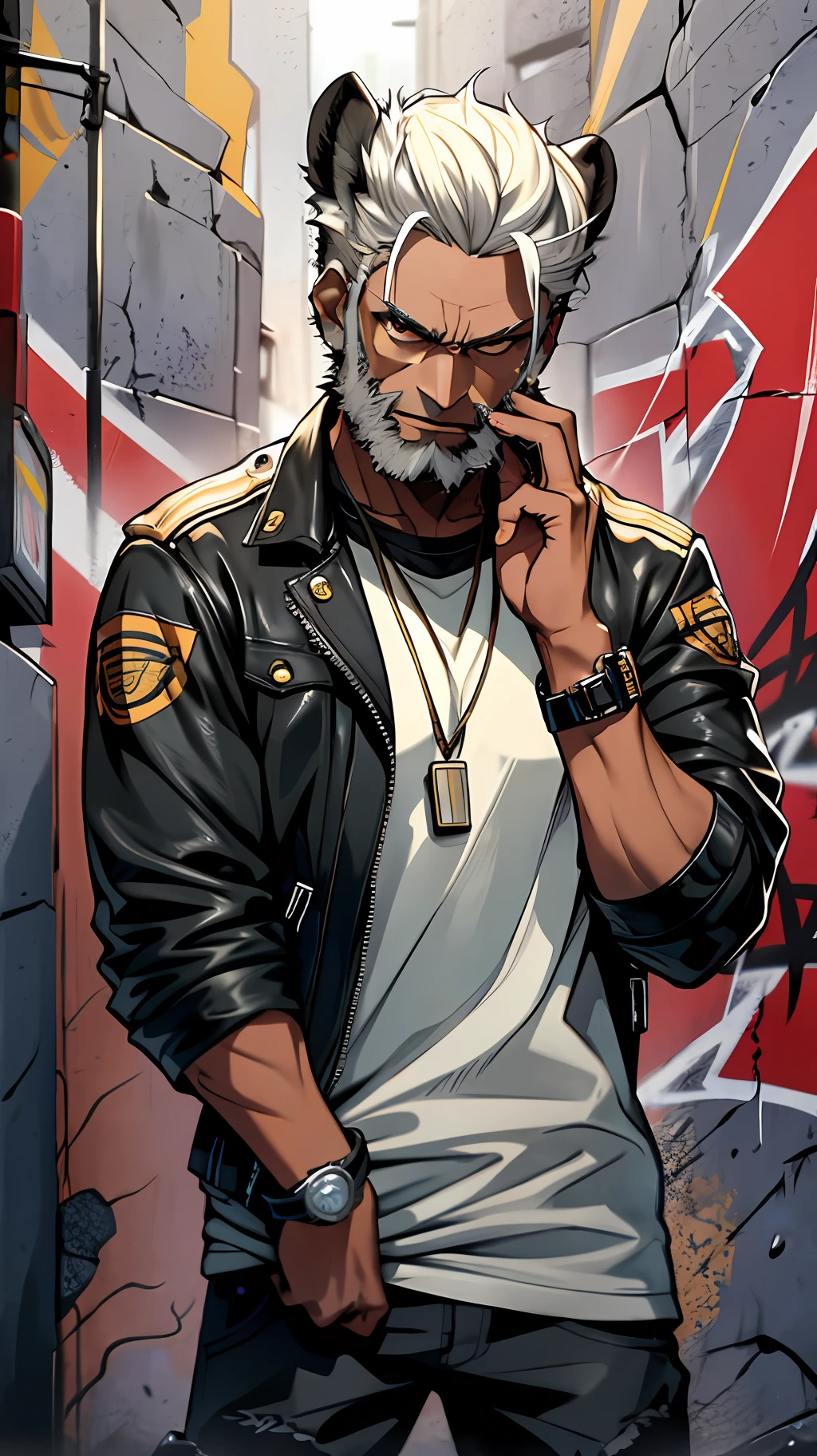 Color photo of a black male character with intricate details. He has dark skin and a muscular build, with an intense gaze that pierces through the camera lens. His hair is styled in a short, faded cut with a defined hairline. He has a small, well-groomed beard that frames his jawline. He is wearing a black leather jacket over a white t-shirt, with a silver chain necklace and a gold watch on his wrist. A tattoo of a lion's face can be seen on his left forearm. The background is a grungy, urban street with graffiti on the walls. The camera settings are a digital camera with a high aperture and a low ISO setting. The lens is a prime lens with a wide aperture.