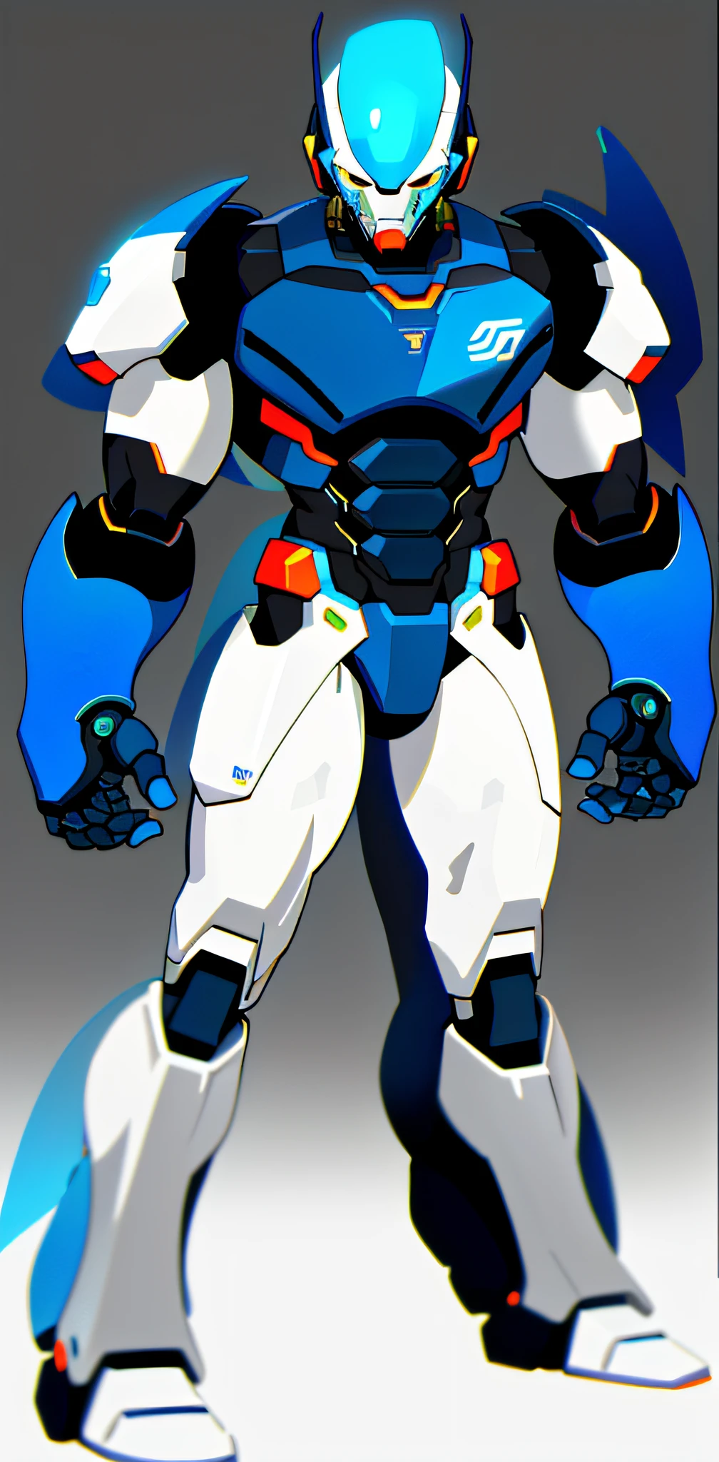 A drawing of a robot and a colorful, muscular body!! sci-fi, humanoid form, sci-fi armor! !!, robotic male antrum, muscular character, full body concept, like a titan, mecha style, full body mascot