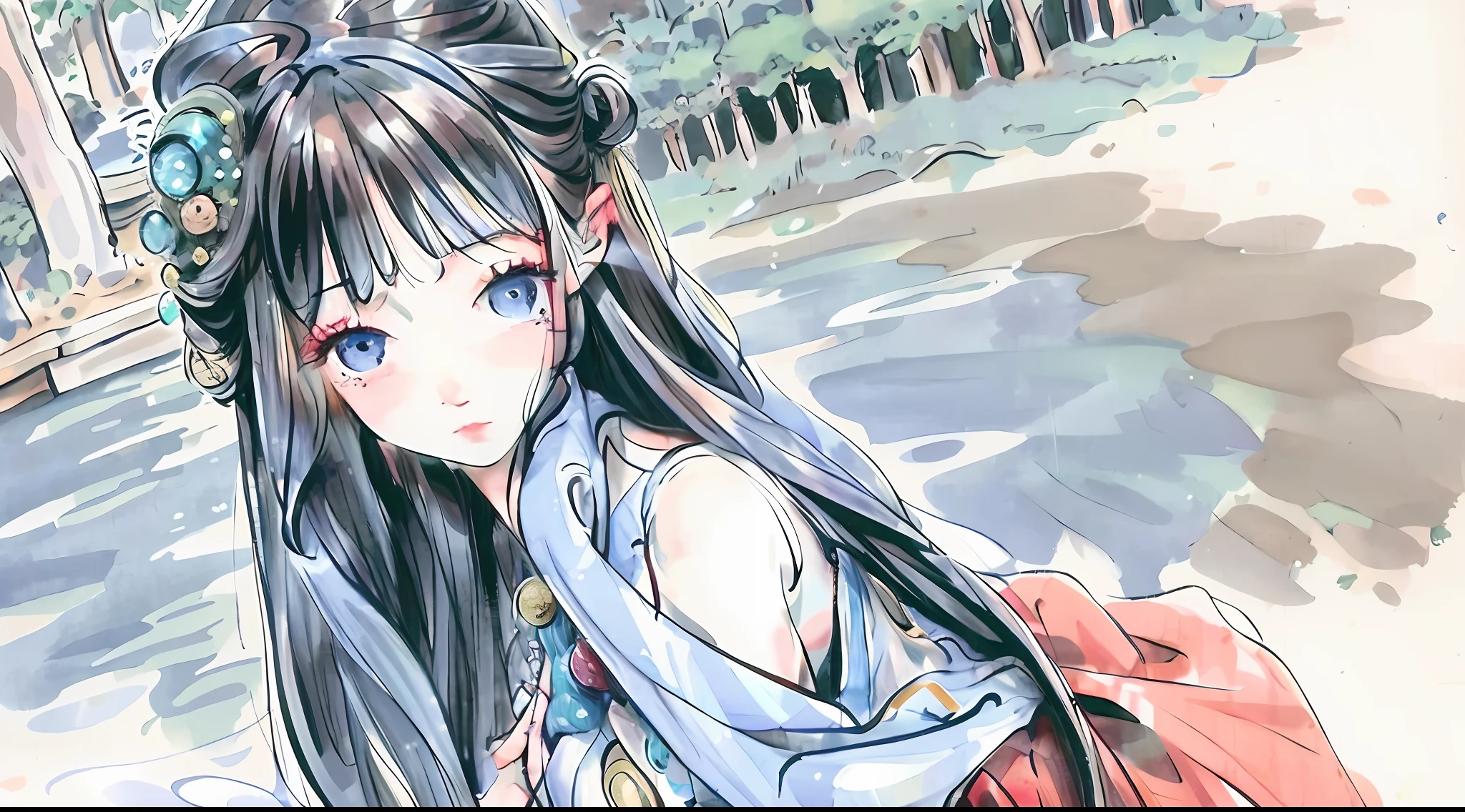 Masterpiece, best quality, official art, 8k wallpaper, very detailed, illustration, 1 girl, sky blue hair, long hair, detailed eyes, Forrest, bare shoulders, hanfu, lake, pure, soft smile, bamboo,