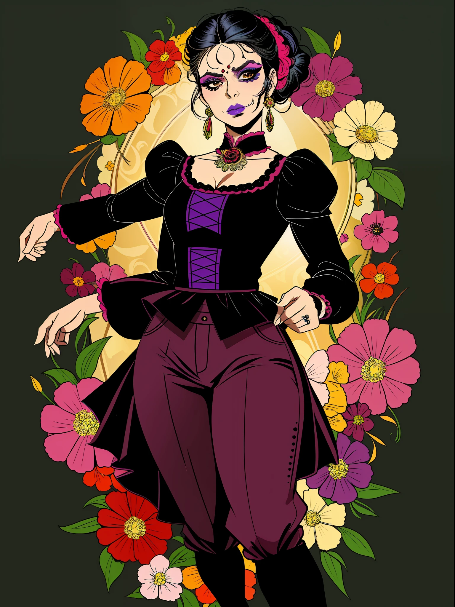 (comic style:1.3), (line art:1.5), (full body),(masterpiece, award winning, best quality:1.3), (solo), 1 Mexican woman (dia de los muertes makeup) casting a spell, black hair (updo), flowers in hair, wearing a red and black outfit (blouse), pants, art by Jim lee, cinematic, masterpiece, , detailed background, detailed material textures, serious, realistic 1.35, muscular 1.2