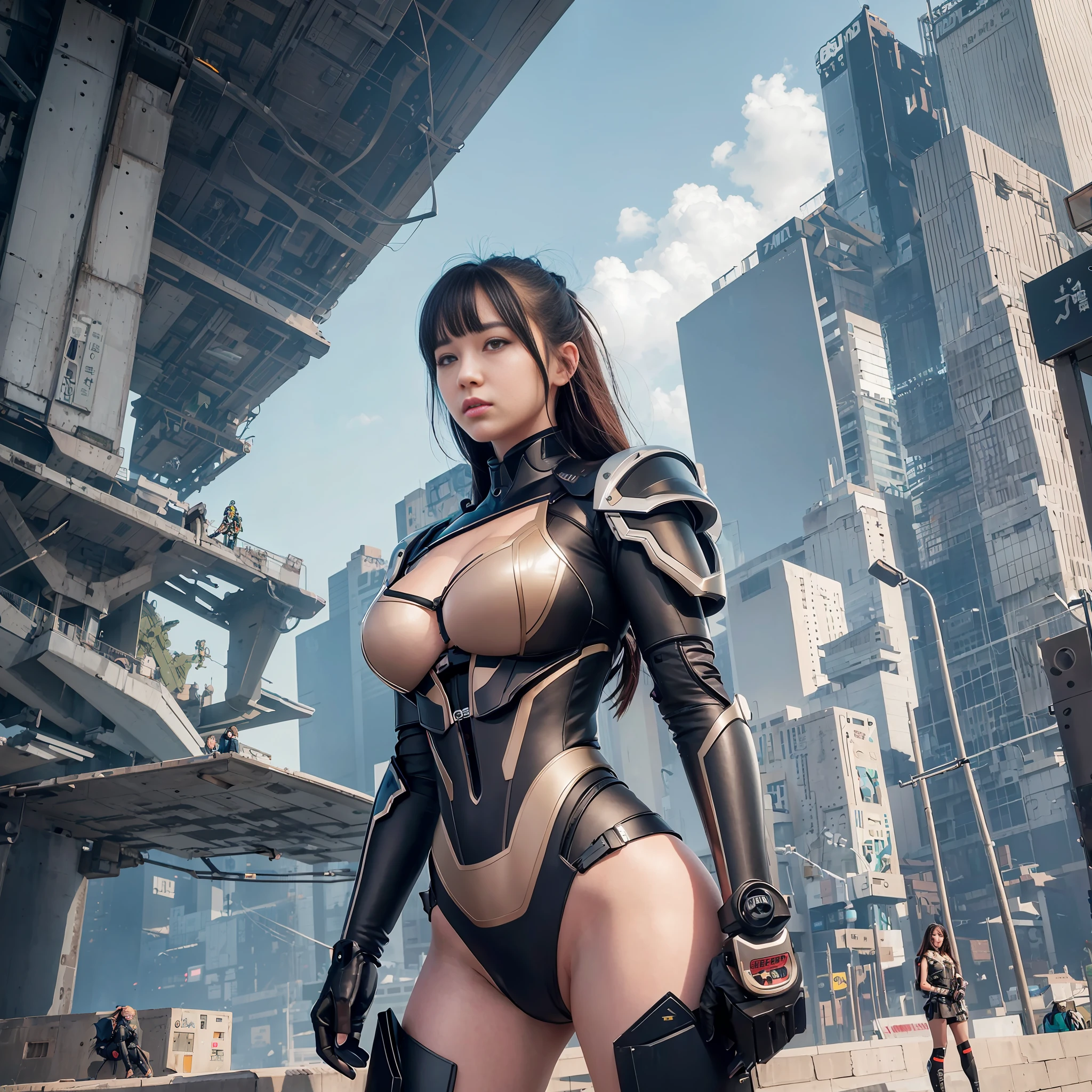 Best quality, masterpiece, Ultra HD, Super Detail, 8K, Movie, Girl in Pilot suit Standing Next to Giant Robot, Guweiz-style artwork, CyberPunk Girl Mecha, Trends on CGSTATION, Guweiz, Russell Dongjun Lu, Digital Cyberpunk Art, Ross Tran 8K, Guweiz on ArtStation Pixiv, Girl in Mecha Network Armor