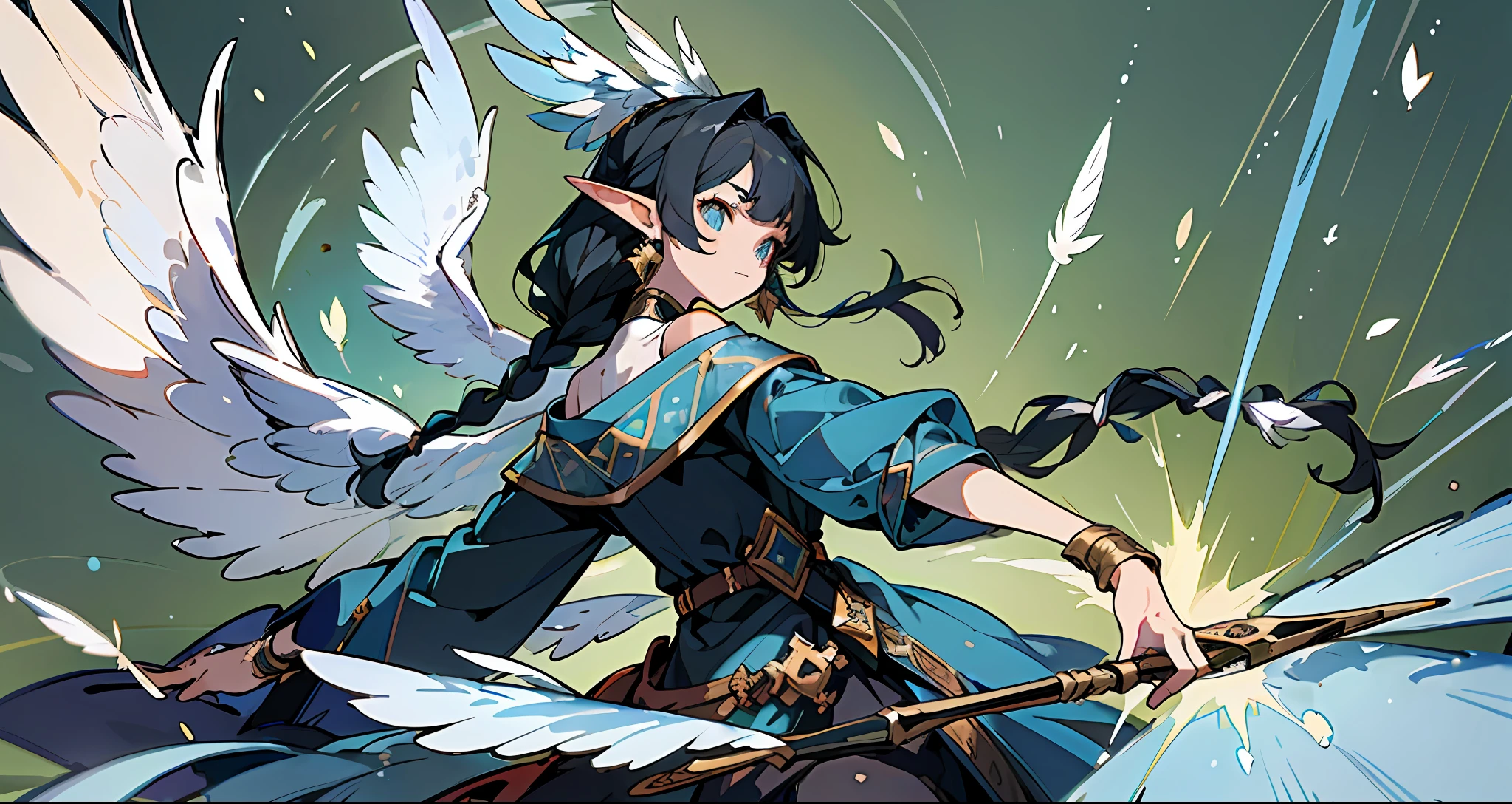 ((masterpiece)), (((best quality))), (character design sheet, same character, front, side, back), same character, costume disassembly, elf, magical girl, long black hair, small wings, perfect eyes, perfect face, twisted braid on one side of the ear, feather earrings, off-the-shoulder, magician, tactical pack, scroll, clothes are blue and white, magic weapons, fantasy creatures, dynamic poses, unique character design, exquisite clothing, solid color background, HD, Masterpiece, Super Detail, (Best Quality, High Resolution), Ultra High Pixel, Ultra HD, 32K, CGSTATION Pop ----niji 5