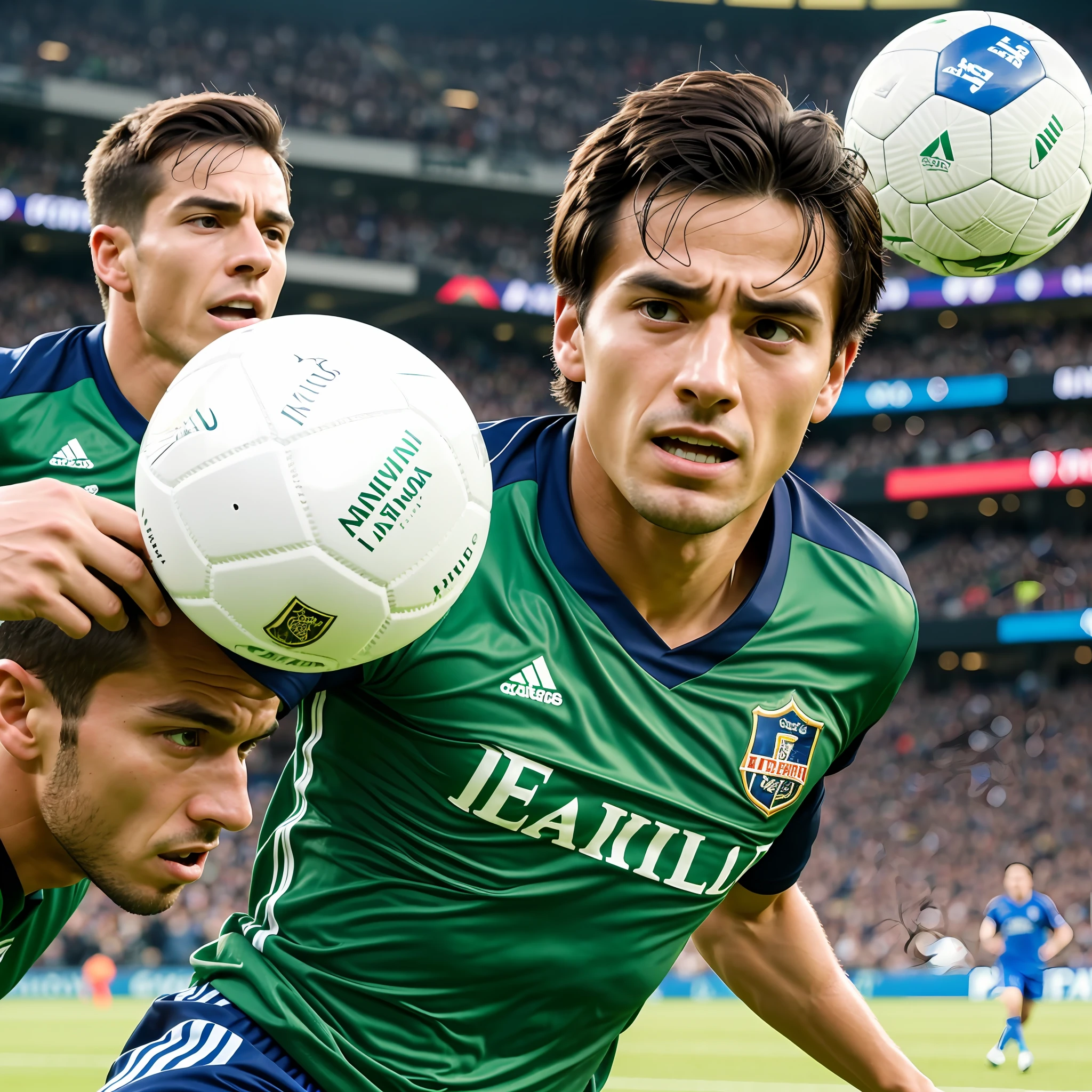 In the photo, we can see a football field with green and well-kept grass. Two players are in the center of the image, both wearing the number 10 jersey. The player in the blue jersey is called Pedro, and the player in the green shirt is Lucas.

The scene is extremely dynamic. Pedro is running at high speed with the ball at his feet, deftly dribbling past opposing players. Lucas, determined to get the ball back, is in full motion, chasing Peter closely.

Peter is leaning forward, his arms slightly apart to keep his balance. His face shows concentration and confidence. His eyes are fixed on the ball as he evaluates the best option to advance.

Luke, for his part, shows strength and determination. His body is erect, his muscles tense, and he's rapidly approaching Peter. His eyes are fixed on Peter, attentive to his every move.

Lucas' facial expression reveals his determination to get the ball back. His lips are tightly clenched, and his eyebrows are furrowed, indicating his total concentration on the dispute.

Behind the players, we can see an enthusiastic crowd. The fans are standing, cheering and shouting, wrapped up in the excitement of the match. Some have their arms raised, while others hold team flags and scarves.

The photo captures the apex of the ball dispute between Pedro and Lucas, conveying the intensity and rivalry of the moment. It's a scene that reflects the essence of football, with two talented players battling for control of the ball amid the energy and support of the fans.

8k, uhd, severe low lighting, high quality, sharp focus, fujifilm XT3 --auto --s2