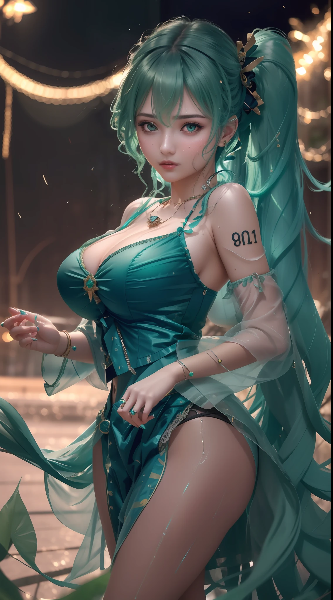 best quality, masterpiece, high_res, 1girl, hair ornament, necklace, jewelry, Beautiful face, upon body, tyndall effect, photo realistic, dark studio, rim lighting, two tone lighting, (high detailed skin, sweaty:1.2), 8k uhd, dslr, soft lighting, high quality, volumetric lighting, candid, Photograph, high resolution, 4k, 8k, Bokeh, realistic big breasts, open fingers, (beautiful hairstyle, hair color:tosca green:1), lingerie, outdoor,