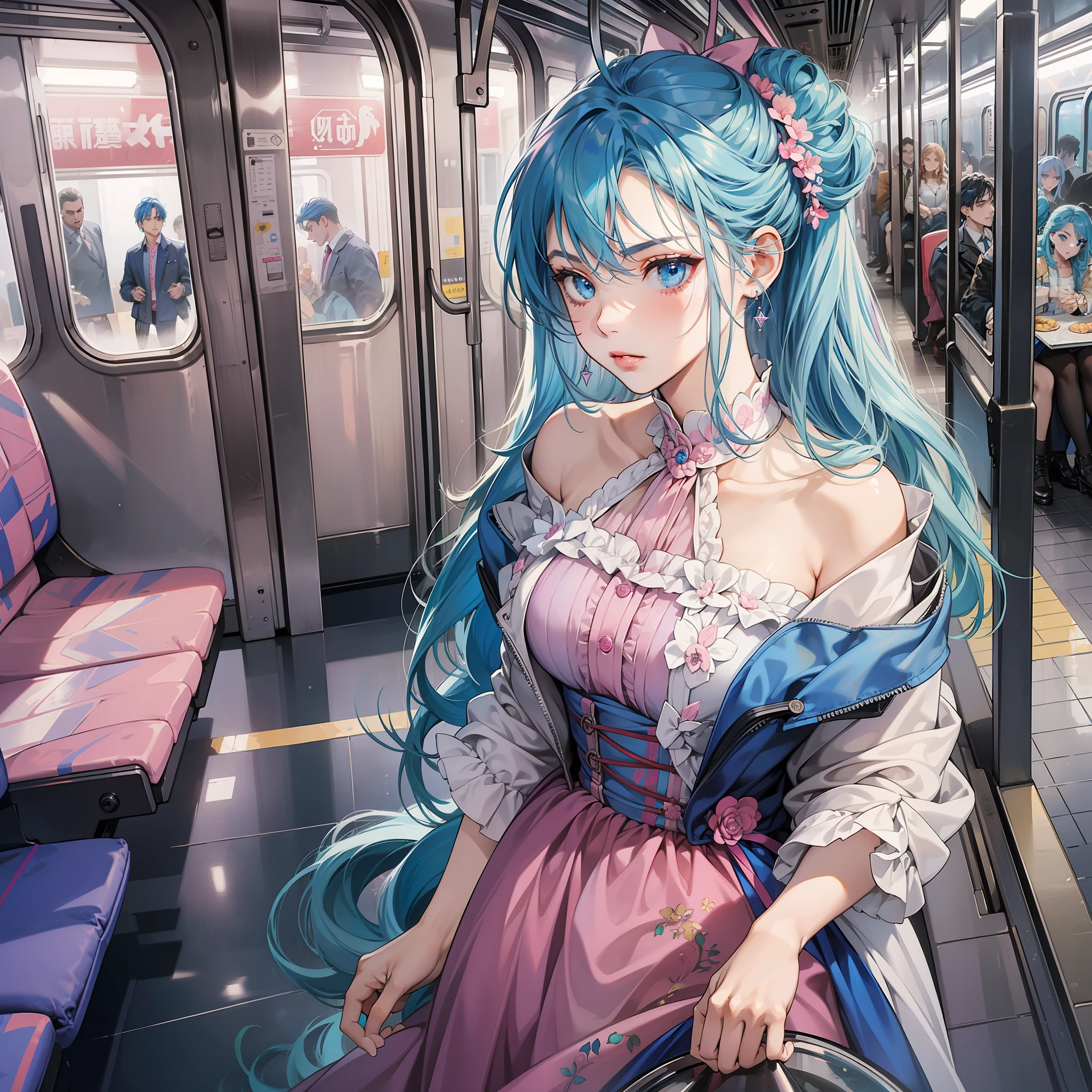 ((masterpiece)), (best quality), (detailed), (1girl), long blue hair, blue eyes, updo, pink dress, angry, subway, subway car, handrails, full of people around