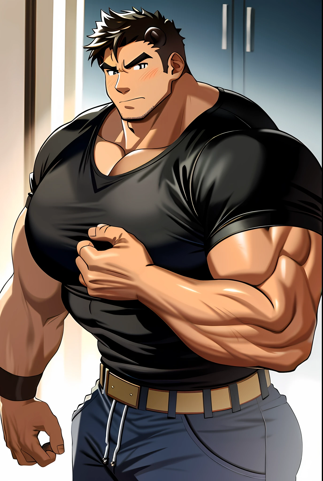 bull, buffalo big muscular, bodybuilder, black, anime style, tall and muscular, tanktop, military