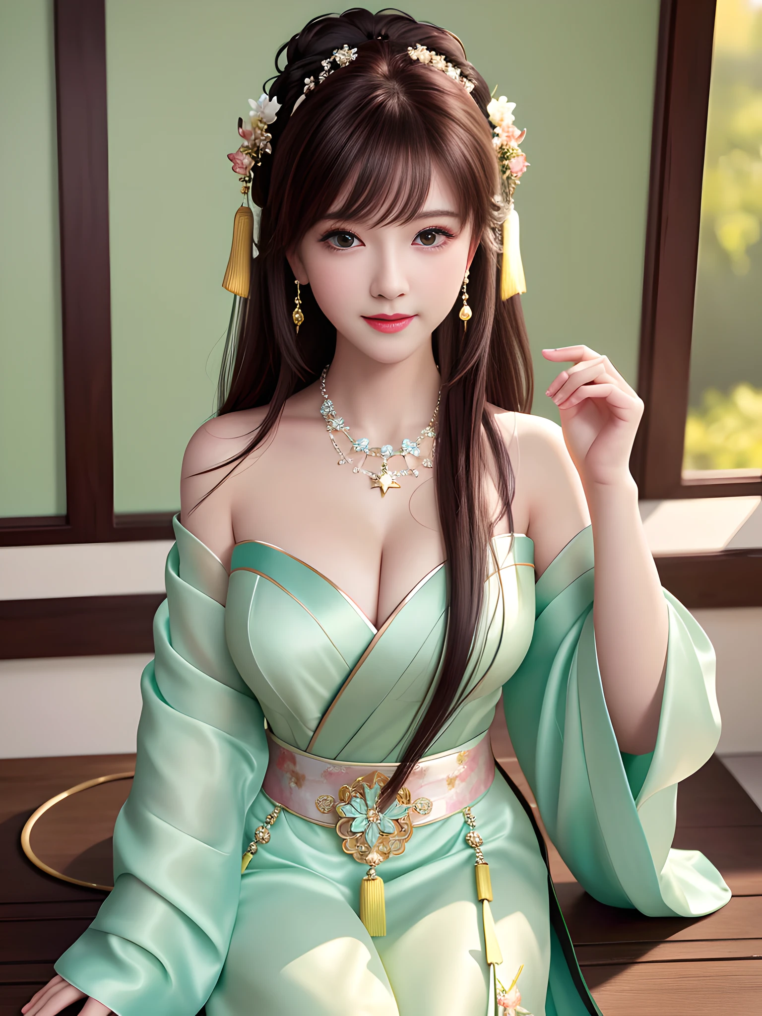 Excellent, Masterpiece, Best Quality, High Resolution, Very Realistic, Photography, Wallpaper, 1girl, Solo, Sexy, Blush, Bare Shoulders, Fragrant Shoulders, Cleavage, Sitting Crossed, Full Body, (Smile: 0.9), Star Pupil, Bright Big Eyes, Chinese Hanfu, Light Green Dress, Long Hair, Bangs, Bun, Hair Accessories, Necklaces, Jewelry, Beauty, Very Realistic, Realism, Shadow Room, High Detail Face, Light Skin, (High Detail Skin: 1.2), 8K UHD, DSLR, High Quality, Candid Photo, High resolution, 8K, the background is very complex and rich