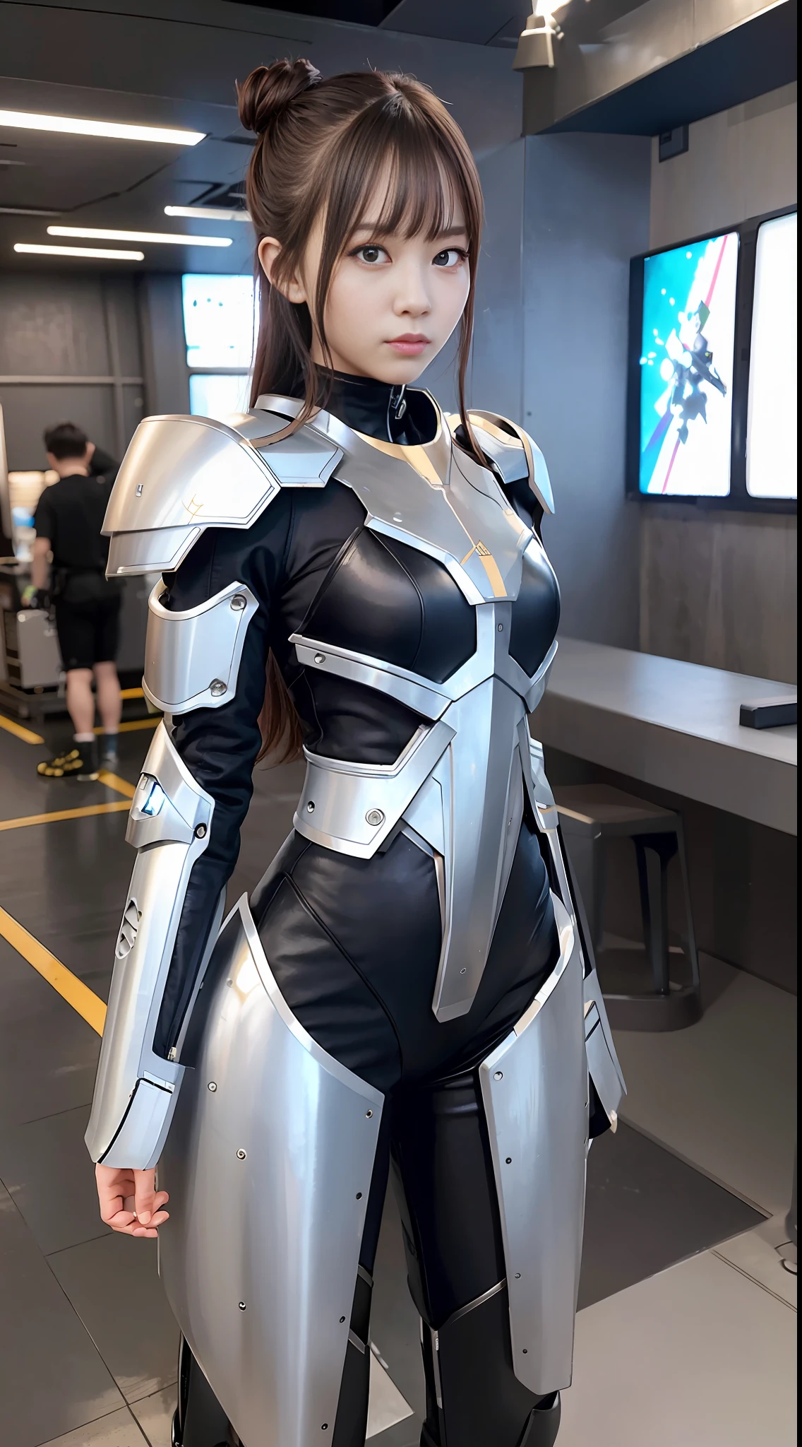 Best quality, masterpiece, Ultra HD, Super Detail, 8K, Movie, CG style,Girl in Long sleeve and Long pants Pilot suit Standing Next to Giant Armor, Guweiz-style artwork, CyberPunk Girl Mecha, Trends on CGSTATION, Guweiz, Russell Dongjun Lu, Digital Cyberpunk Art, Guweiz on ArtStation Pixiv, Girl in Mecha Network Armor