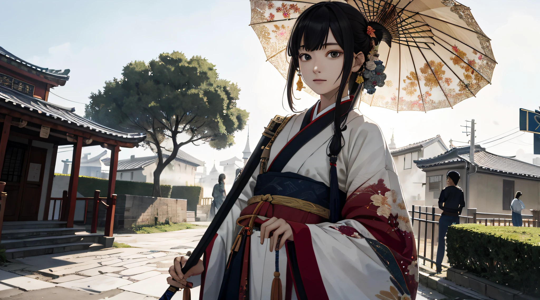absurd, High Definition, Ultra Detailed, (Girls: 1.3), Hand-painted, Simple lines, An 18-year-old girl dressed in colorful Hanfu, Walk the streets, Masterpieces, Overcast days, Girl holding sword, The sword is dripping blood, The girl had an indifferent expression, Surrounding houses were on fire, anime, chiaroscuro, wide shot, best quality, highres, high details, high quality