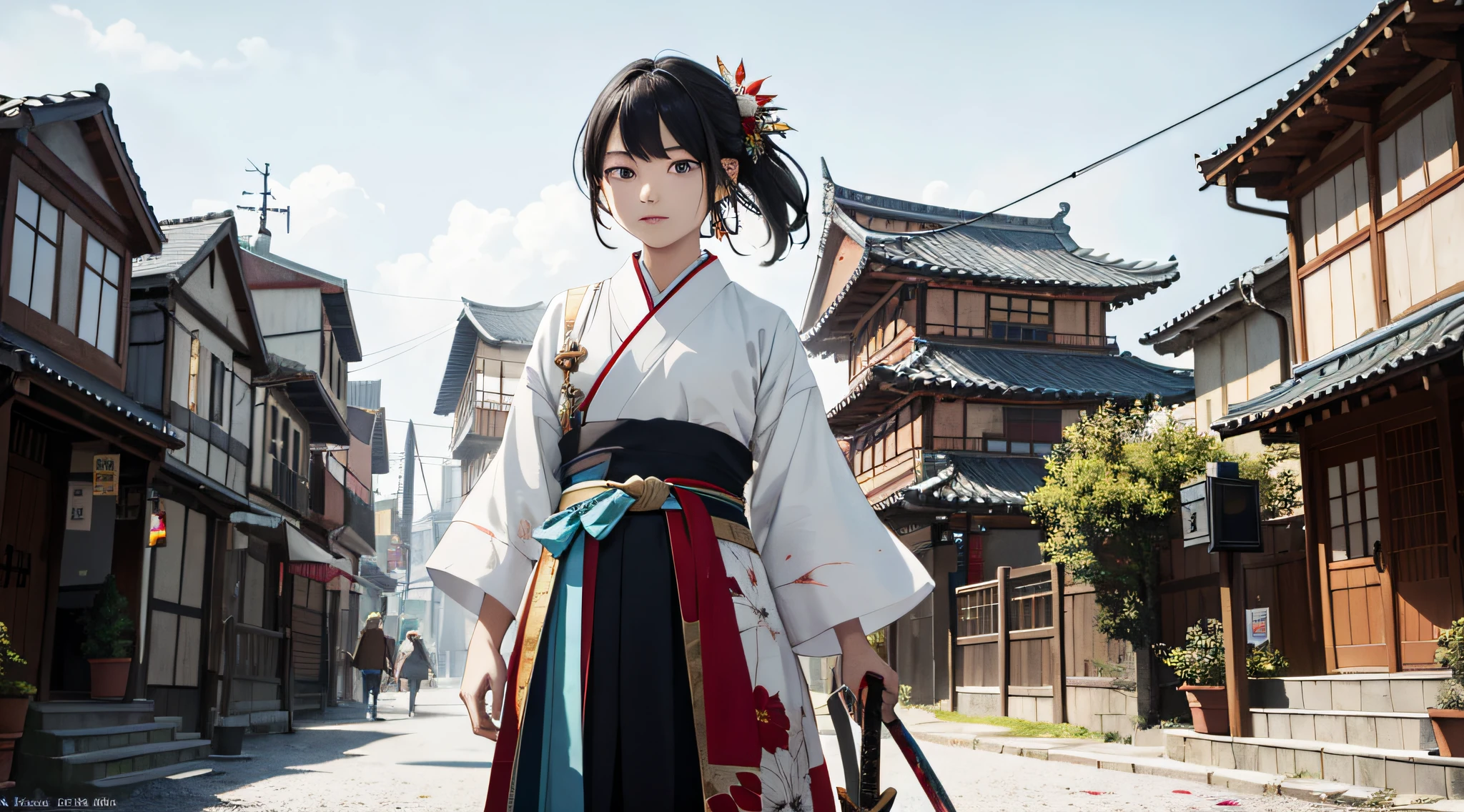 absurd, High Definition, Ultra Detailed, (Girls: 1.3), Hand-painted, Simple lines, An 18-year-old girl dressed in colorful Hanfu, Walk the streets, Masterpieces, Overcast days, Girl holding sword, The sword is dripping blood, The girl had an indifferent expression, Surrounding houses were on fire, anime, chiaroscuro, wide shot, best quality, highres, high details, high quality