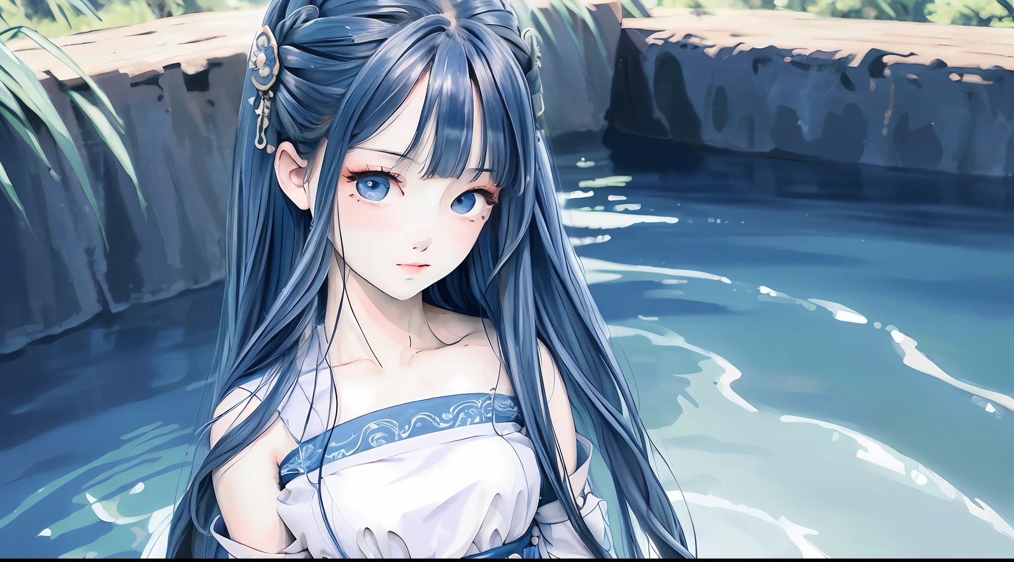 Masterpiece, best quality, official art, 8k wallpaper, very detailed, illustration, 1 girl, sky blue hair, long hair, detailed eyes, Forrest, bare shoulders, hanfu, lake, pure, soft smile, bamboo,