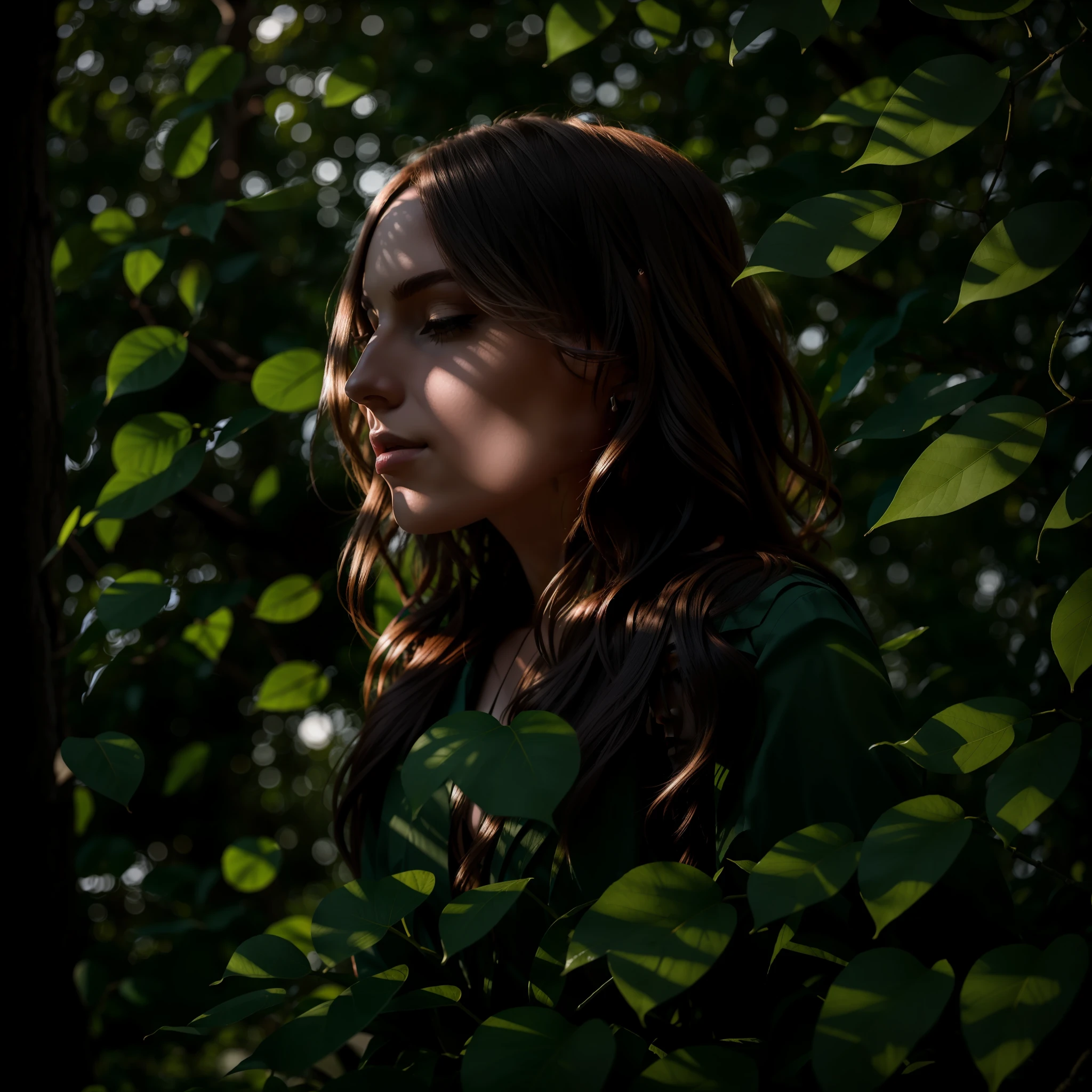 Sunlight peeks through the leaves of the trees, creating patterns of shadows and dramatic lighting around the woman.
