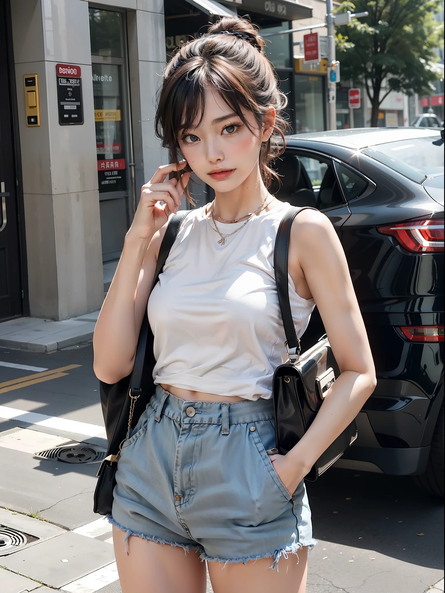 Beautiful woman, fiddling with mobile phone in the middle of the street, underwear, embarrassed