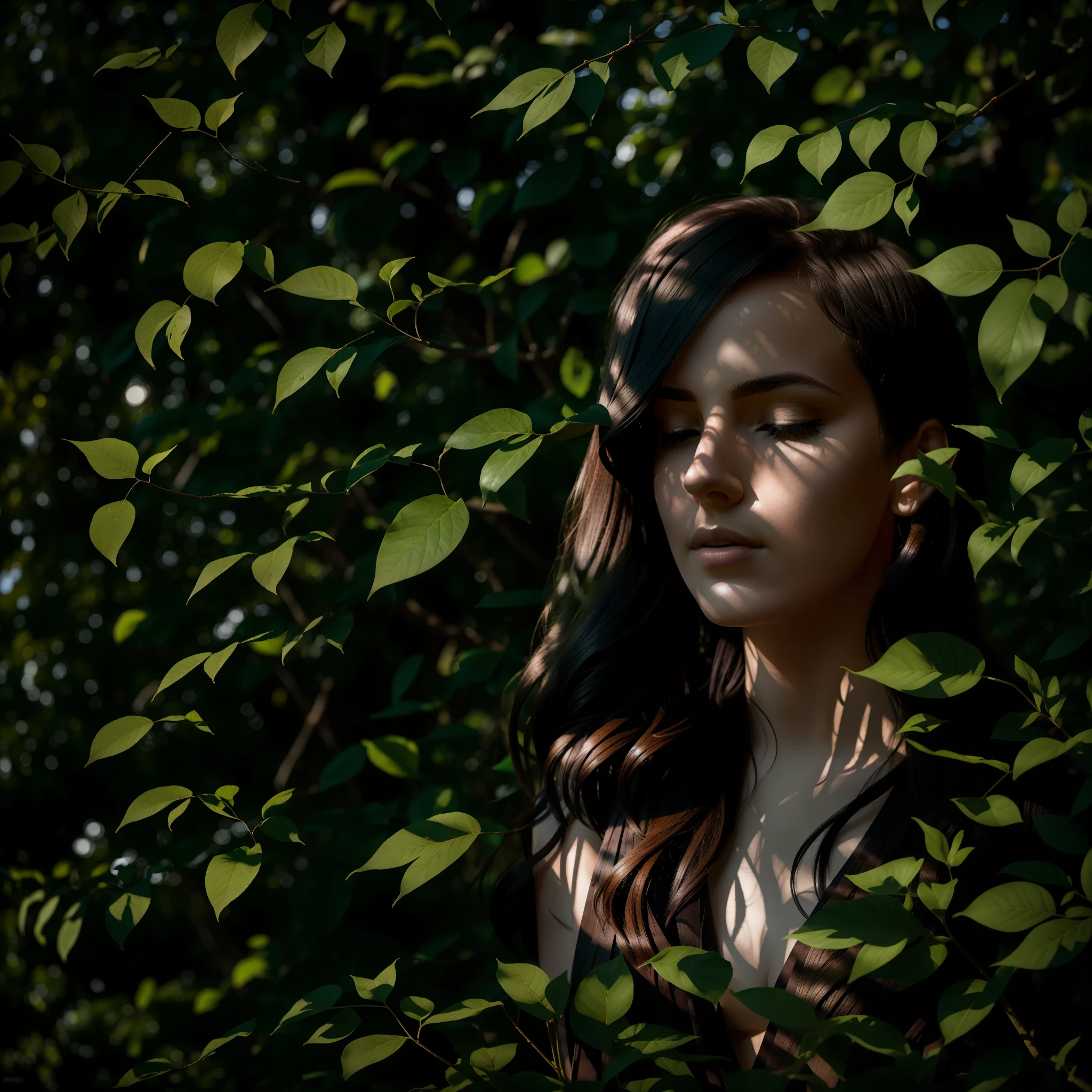 Sunlight peeks through the leaves of the trees, creating patterns of shadows and dramatic lighting around the woman.