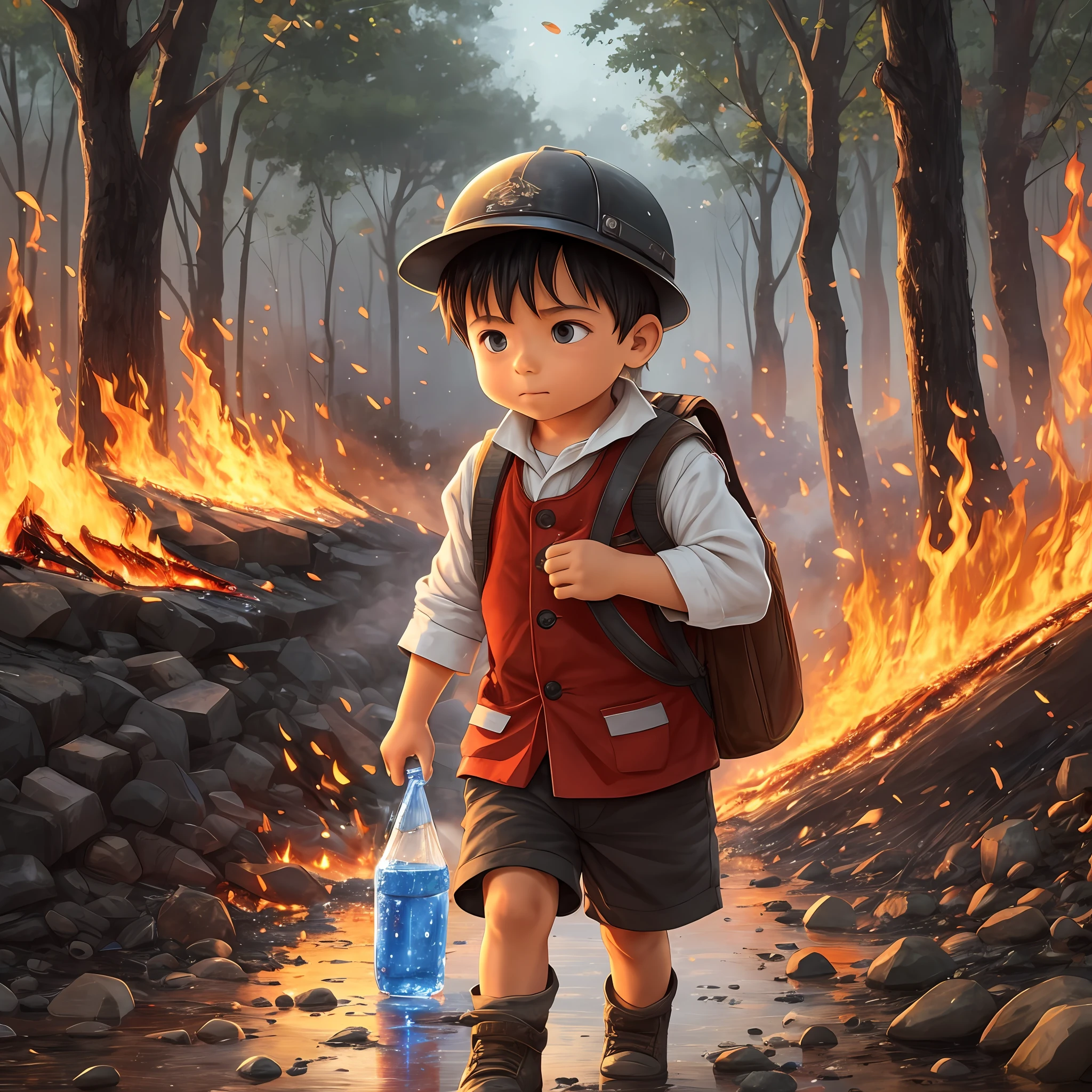 The little boy carrying a book and water, poured water on the fire to extinguish the flames --auto --s2