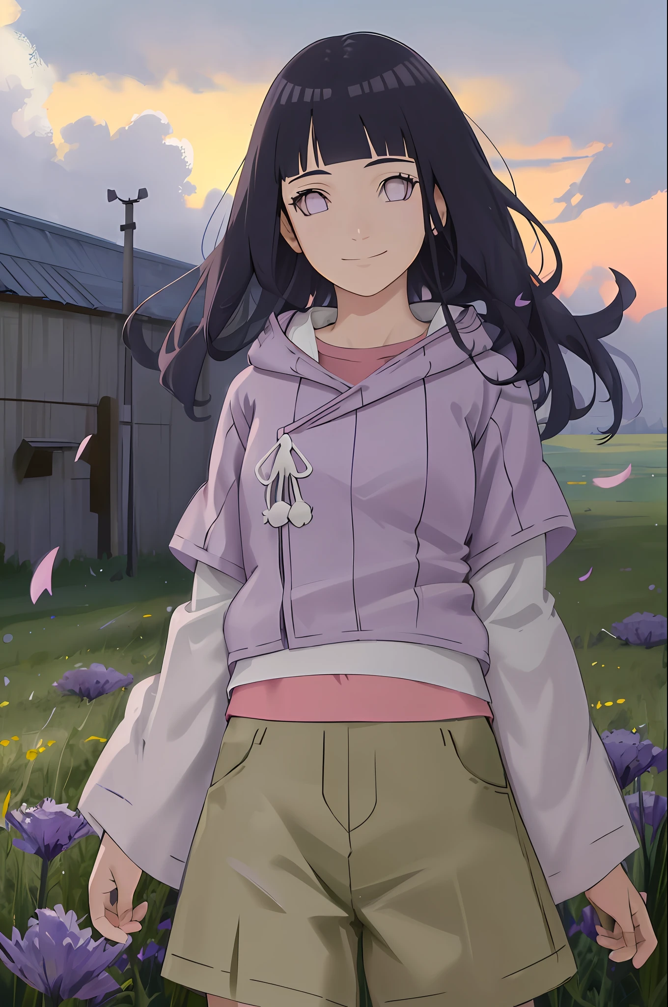 masterpiece, absurdres , (intricate details), (colorful),cinematic lighting,extremely detailed CG unity 8k wallpaper ,hinata\(boruto\), 1girl, solo, purple hoodie ,brown pants, from behind,layered sleeves, cowboy shot, looking at viewer,smile, outdoors, lavender flower field,flower, day, cloudy sky, wind, falling petals, ((long hair))