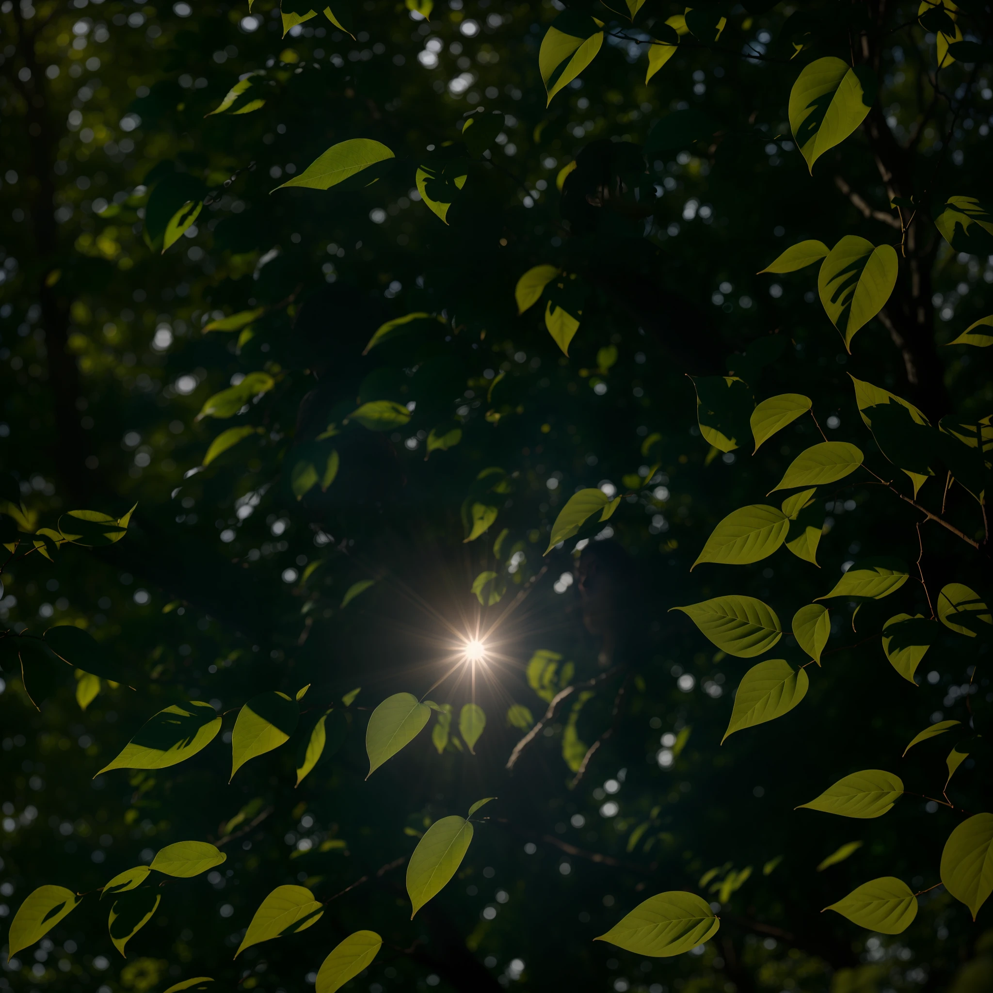 Sunlight peeks through the leaves of the trees, creating patterns of shadows and dramatic lighting around the woman.