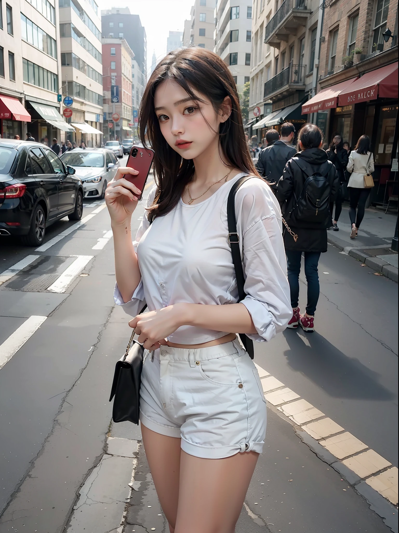 Beautiful woman, fiddling with mobile phone in the middle of the street, underwear, embarrassed