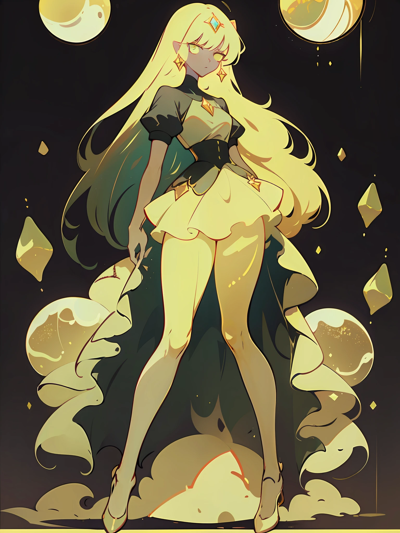(best quality, masterpiece), 1 girl, yellow diamonds mineral, beautiful full body concept art, simple dark background, looking at viewer, gold long hair, mineral, (straight long legs:1.4), a skirt that covers the thighs, sleek glass thickness, transparent, cinematic lighting, rendering, 4K, --niji 5