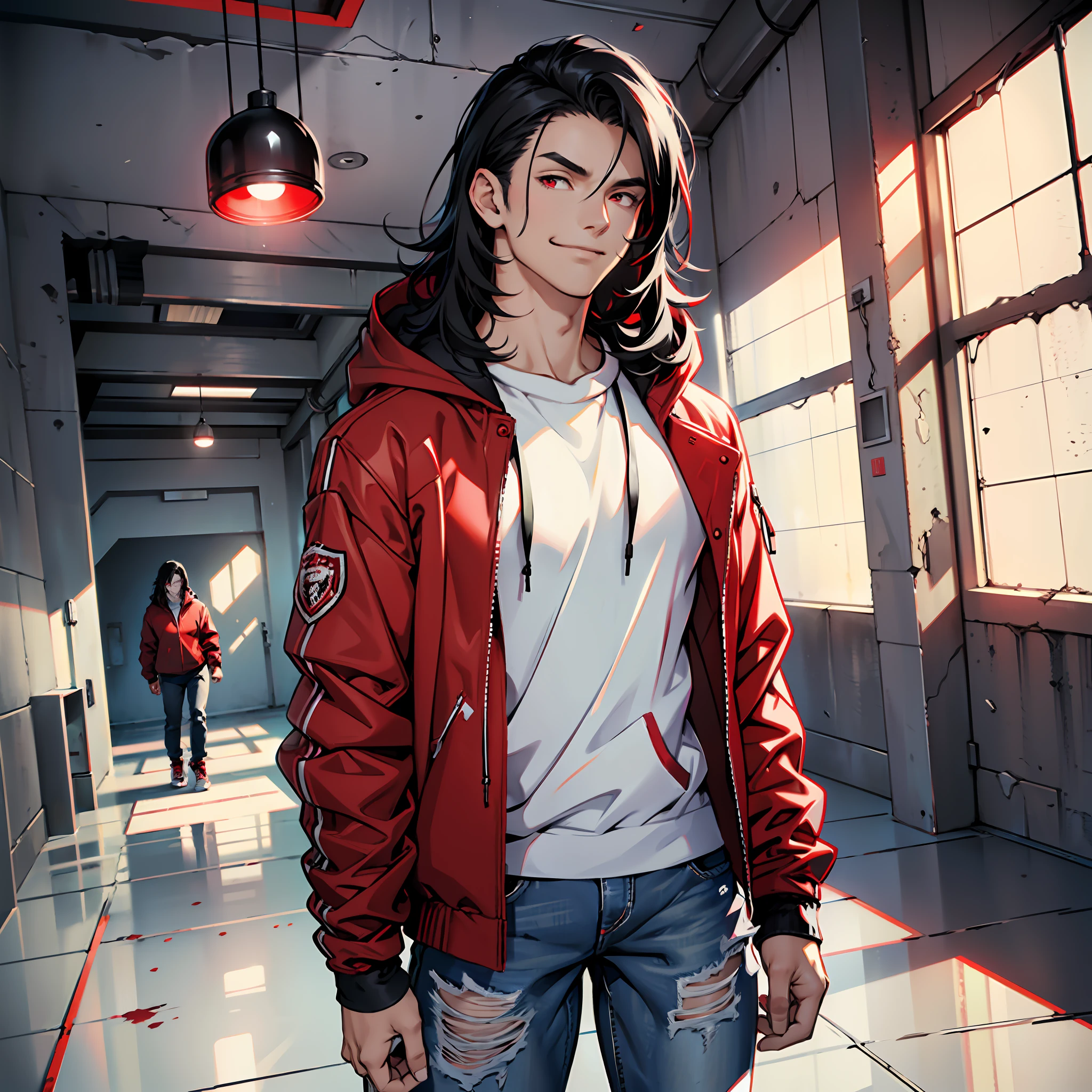 Man muscles, defined body, cell phone in hand, red jacket, black hoodie, white blouse under the windbreaker, long jeans of black color, red sneakers, evil smile, straight black hair, messy hair, dark red colored eyes, prison cell, dungeon, dirty scenery.