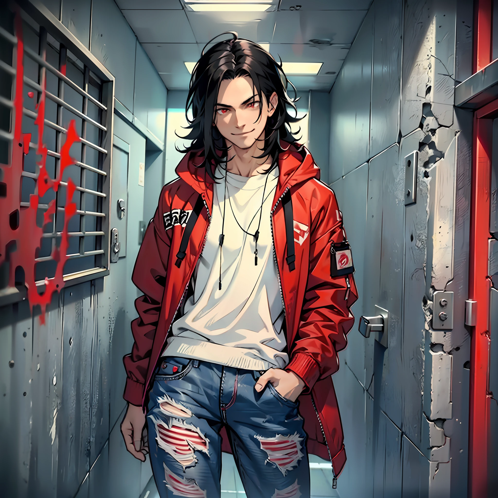 Man muscles, defined body, cell phone in hand, red jacket, black hoodie, white blouse under the windbreaker, long jeans of black color, red sneakers, evil smile, straight black hair, messy hair, dark red colored eyes, prison cell, dungeon, dirty scenery.