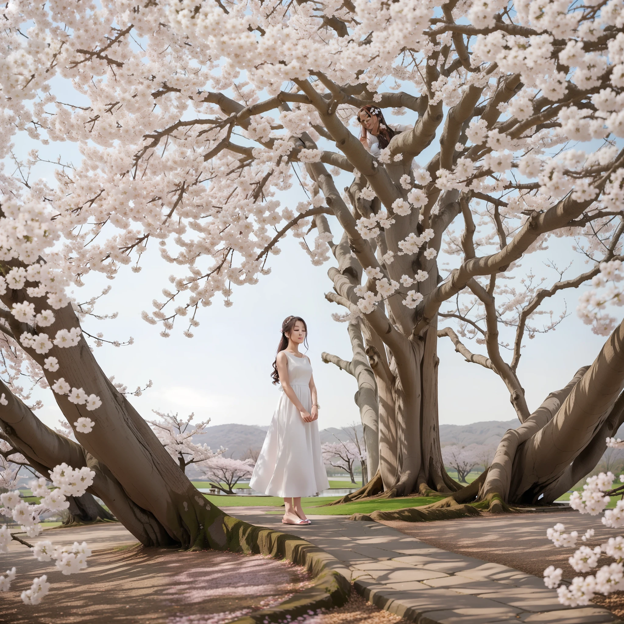 The image captures a scenario of serenity and charm, where a sakura tree is in full bloom. The woman, dressed elegantly in a flowing white dress, is standing under the tree, immersed in an aura of peace and contemplation.