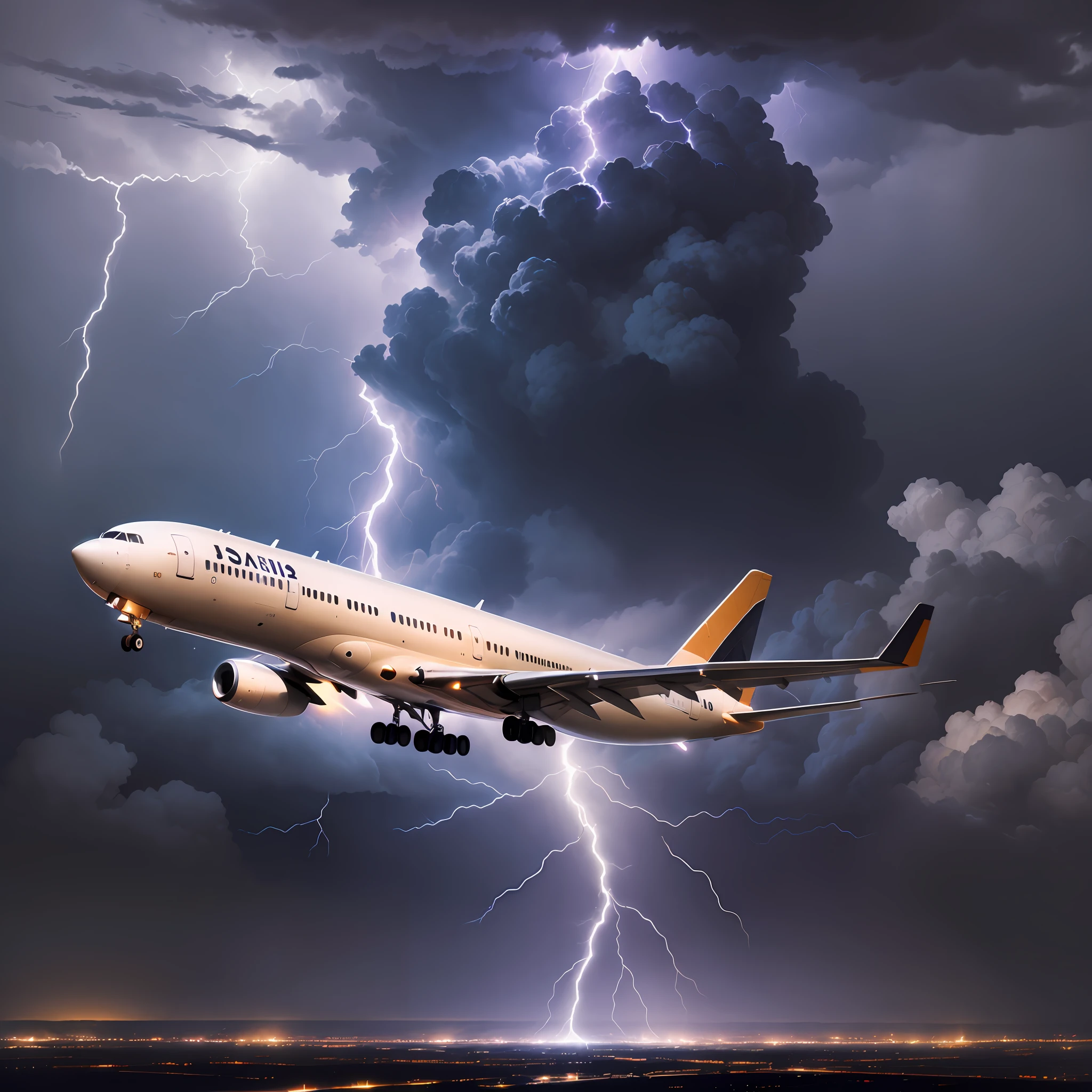 A commercial airliner flying in the skies in the middle of an electrical storm. Lightning strikes the plane, creating an intense glow. The image is dramatic and full of movement, with the plane tilted and shaken by the impact of lightning. The sky is dark and stormy, with ominous clouds. --auto --s2