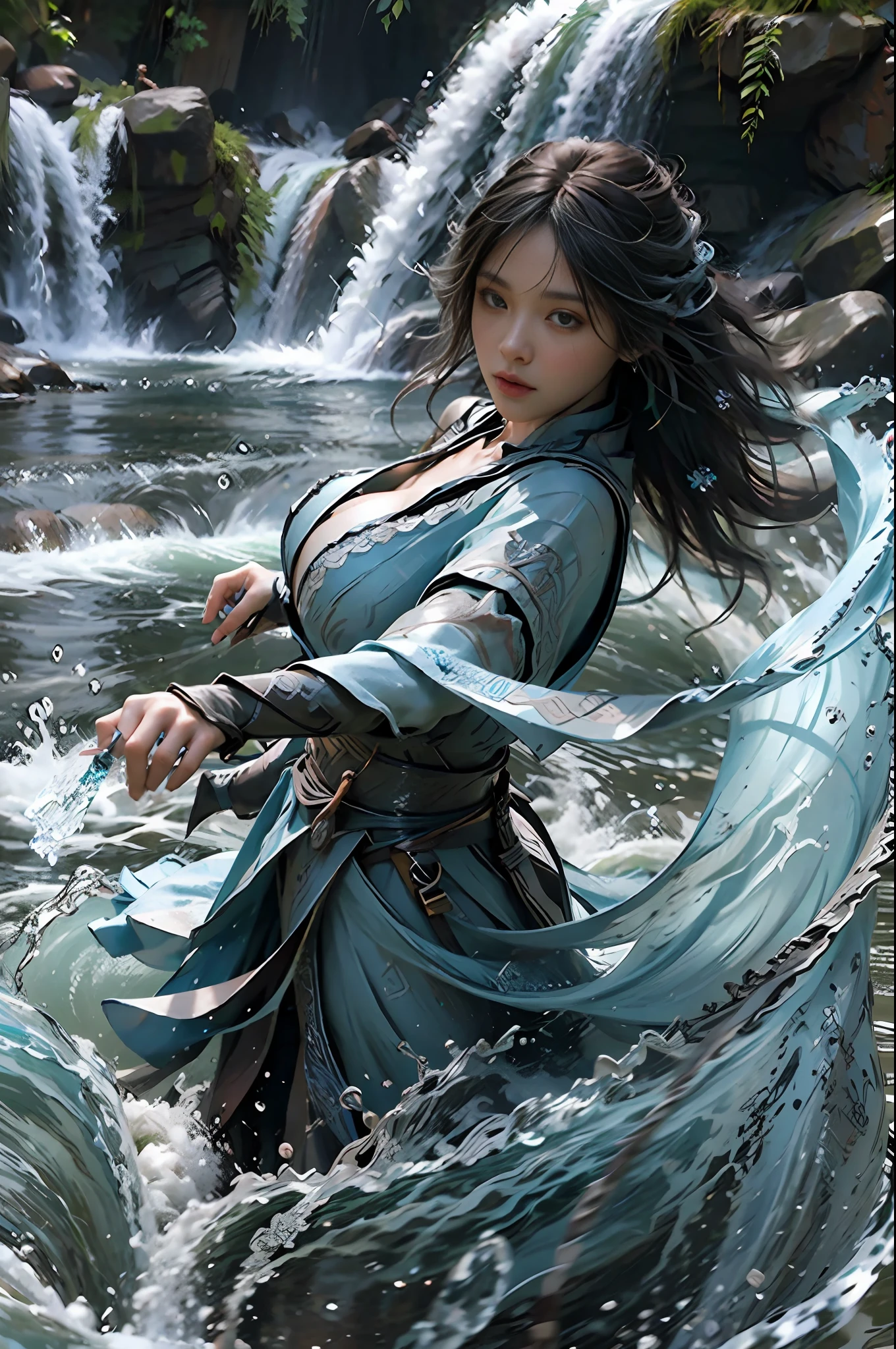 masterpiece, best quality, top quality, super high resolution, 8k HDR, 8k wallpaper, RAW, huge file size, intricate details, sharp focus, high saturation, girl, solo, cleavage, pretty face, full body, water mage, control water, waves, water protection.