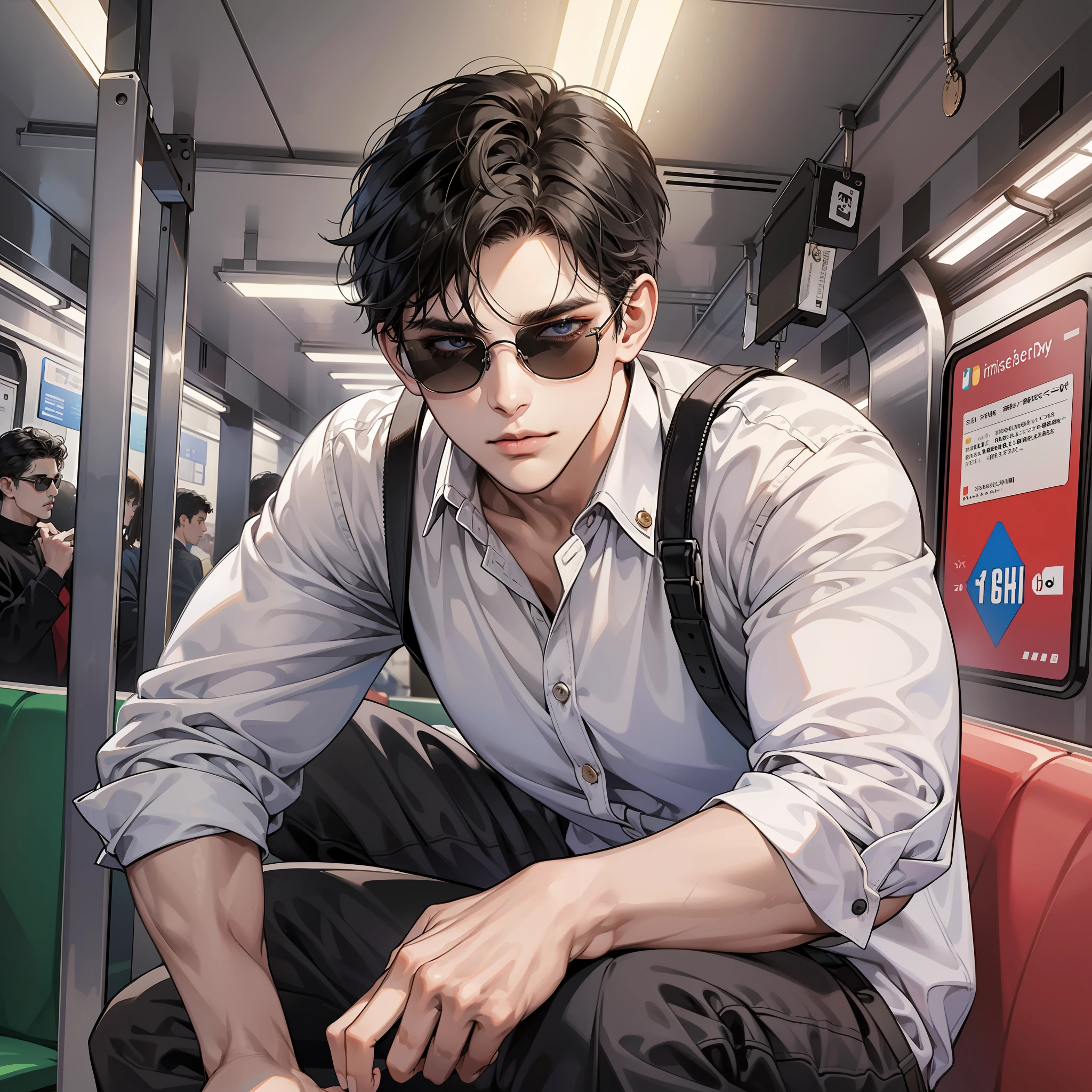 Masterpiece, high quality, best quality, HD, realistic, perfect lighting, detailed face, detailed body, 1 man, short black hair, with sunglasses, white shirt, (dull expression: 1.5) (face natural: 1.5), Masterpiece, official art, 8K, masterpiece, best quality, highly detailed, exquisite facial features, perfect face, shiny skin, squatting, holding phone:1.2, subway carriage:1.2, bright lights:1.2.