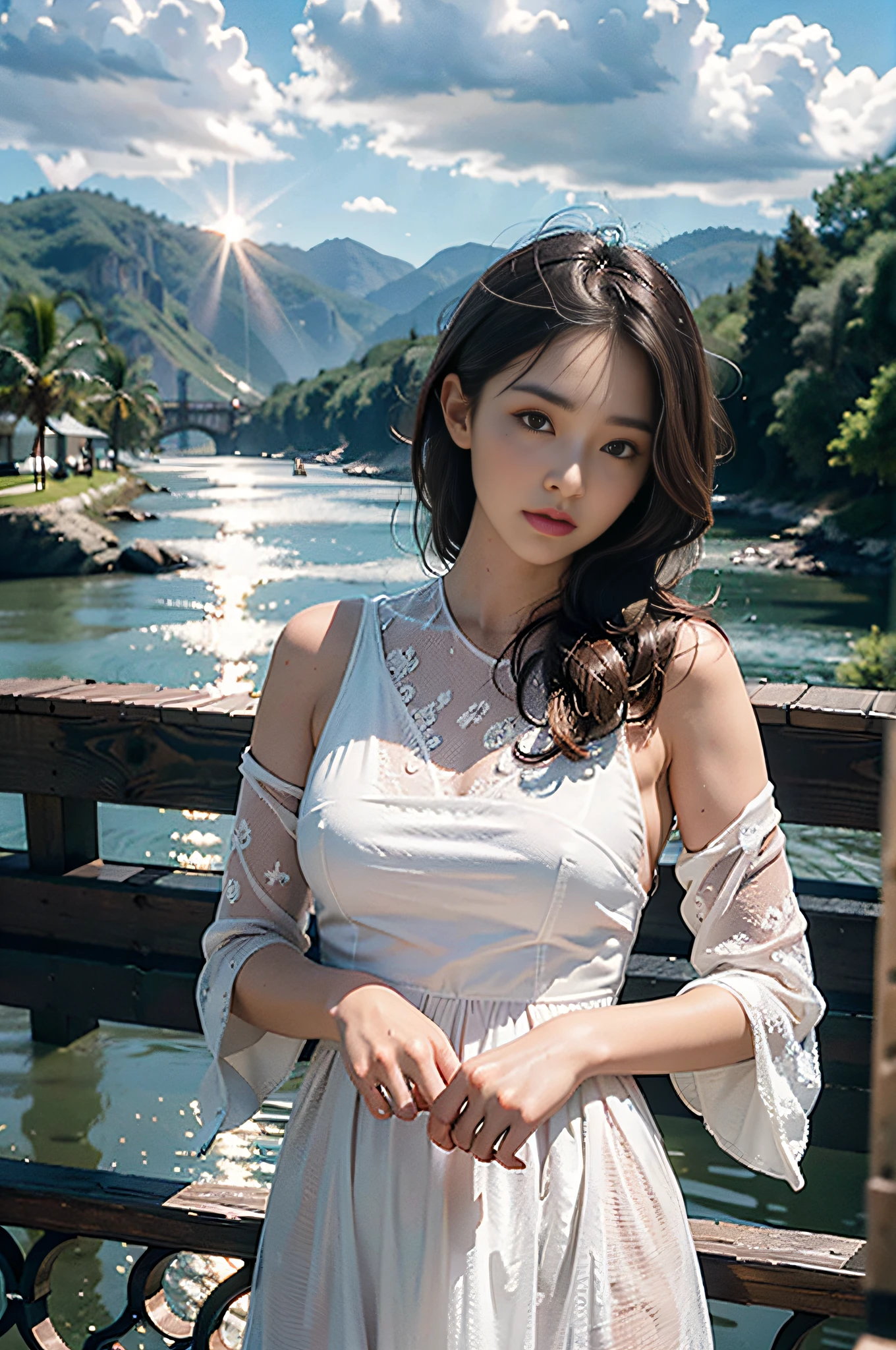 best quality, masterpiece, photo realistic, intricate details, raw photo, photon rendering, octane render, absurdres, ultra detailed, detailed face, detailed skin, trending on artstation,8k masterpiece,cinematic lighting, scenery, scenery, no humans, cityscape, sky, city, cloud, outdoors, building, sunset, city lights, bridge, river, tree, roadn, artist name,