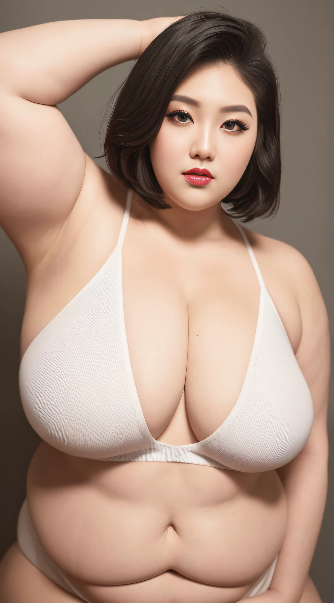 Upper body only photo, huge arms, one fat plus size woman, Korean goddess, (makeup, lipstick, eyeliner, mascara, eyeshadow: 1.1) (fat plus size model), (fat plus size arms), (fat woman), armpit wrinkles, short hair