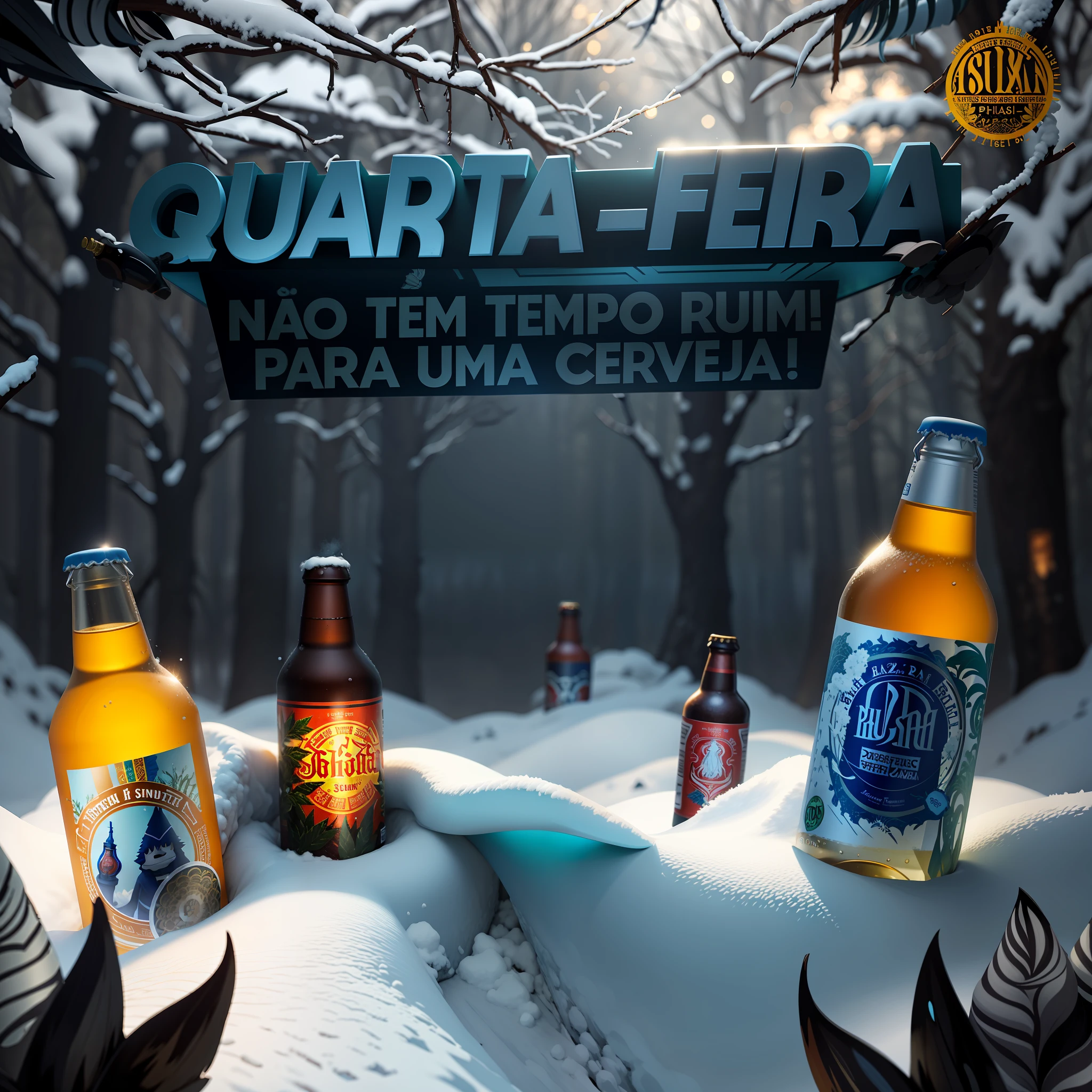 there are many bottles of beer on the snow with a tree in the background, beer advertisement, ad image, asuras, by Félix Arauz, quartz, beer, description, 8 h, bitter, wow, by Tuvia Beeri, winter, by Caesar Andrade Faini, fra, fake, scuta