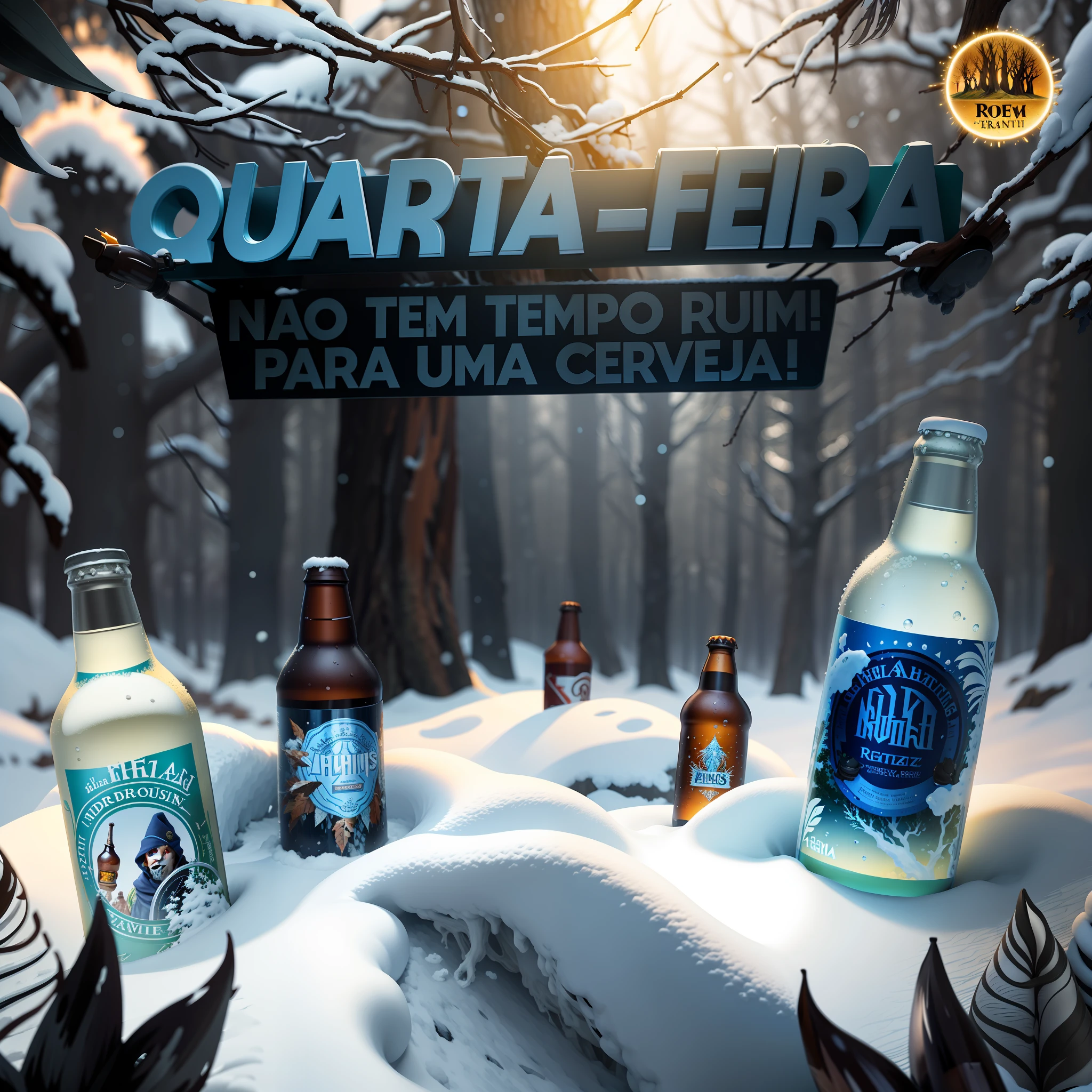 there are many bottles of beer on the snow with a tree in the background, beer advertisement, ad image, asuras, by Félix Arauz, quartz, beer, description, 8 h, bitter, wow, by Tuvia Beeri, winter, by Caesar Andrade Faini, fra, fake, scuta