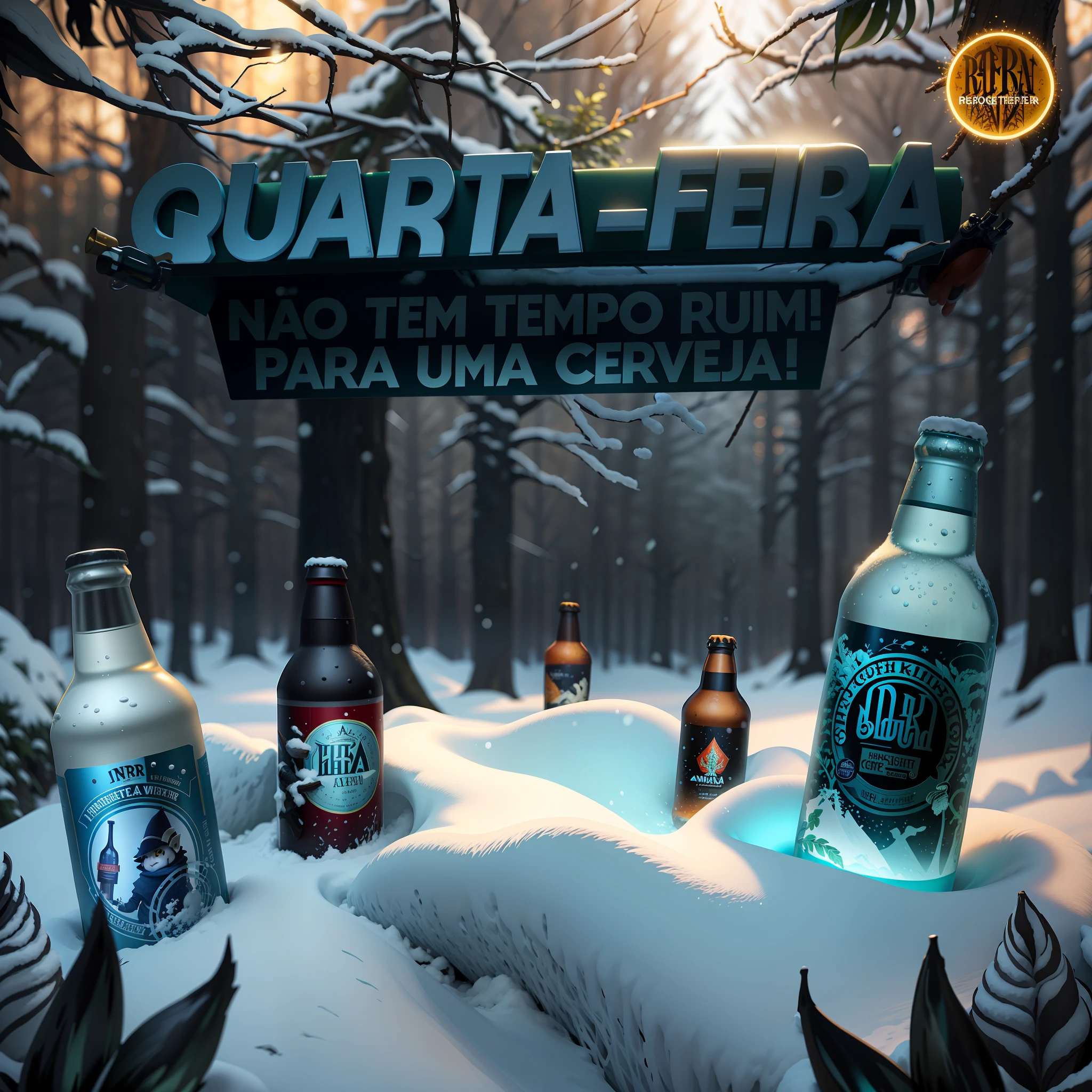 there are many bottles of beer on the snow with a tree in the background, beer advertisement, ad image, asuras, by Félix Arauz, quartz, beer, description, 8 h, bitter, wow, by Tuvia Beeri, winter, by Caesar Andrade Faini, fra, fake, scuta