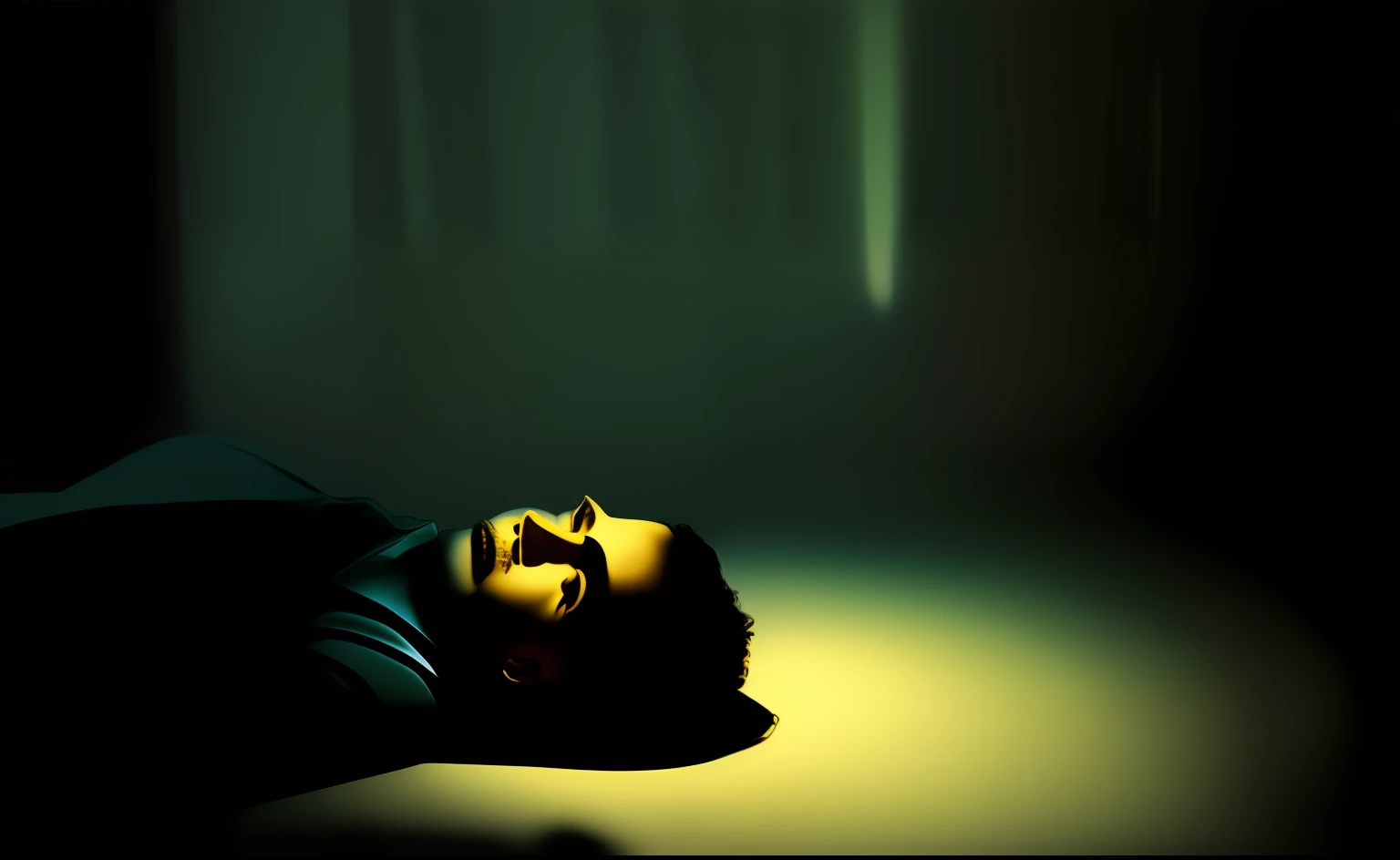 In the dark room, a man was lying on the bed, his whole body could be seen, his body could not move, his eyes were frightened, his mouth was wide open and looked up, he was sweating, there was no light, and there was a shadow sitting next to him whose face could not be seen clearly, dim, no light, the light was very weak and almost nothing