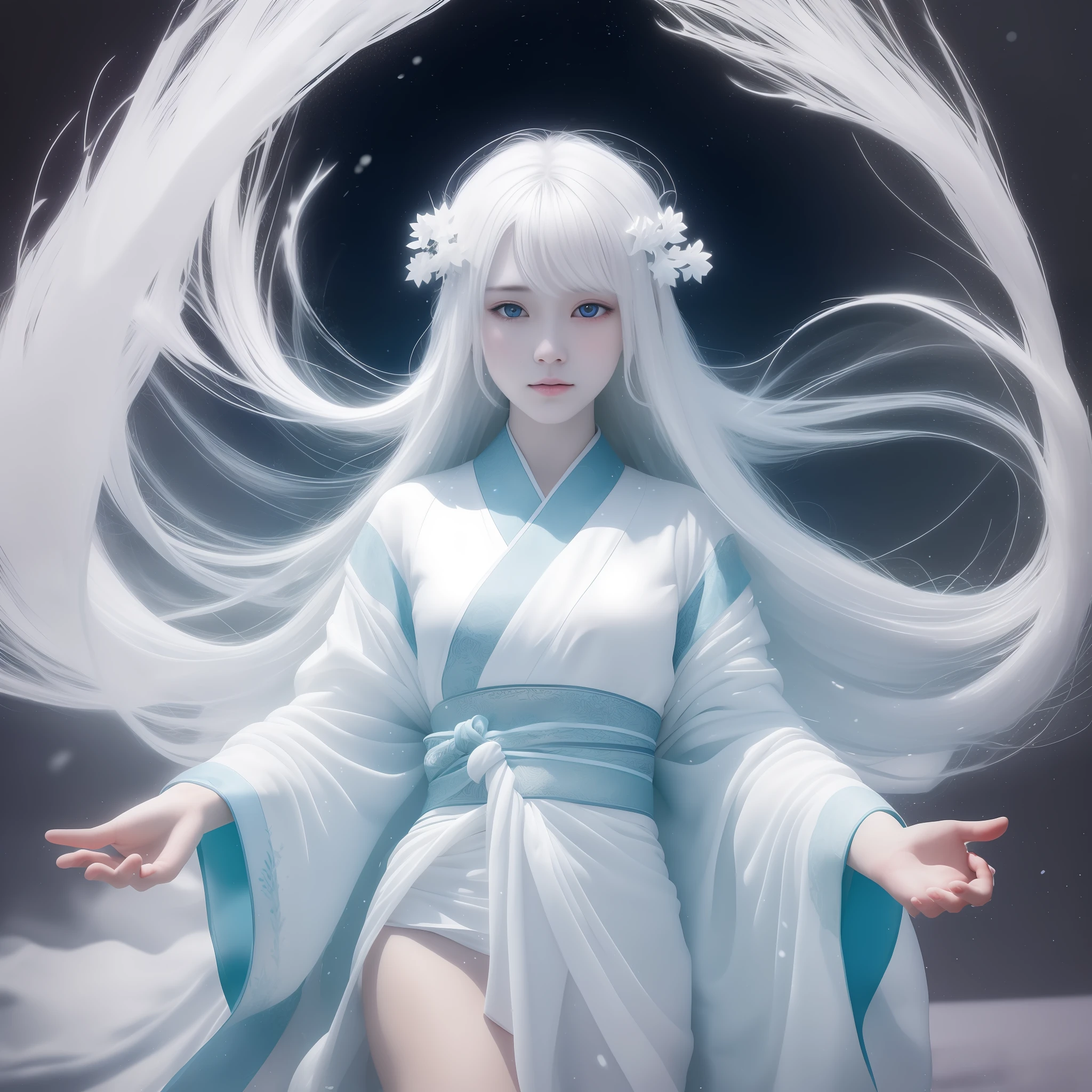 A snow spirit, a spirit of snow, appears in the dark night, in the midst of a heavy snowfall, very beautiful, wearing a white kimono, her skin is translucent white, her hair is long and black, and her eyes are blue and shining, The spirit's long black hair is disheveled by the strong wind, In the darkness, the light shines only on the genie, and it is very fantastic. All white costume, beautiful face, lonely pale face, looking forward, but her eyes are downcast and lonely, A white dragon is dancing in the sky, Watercolor, wet-on-wet or splatter technique, centered, perfect composition, abstract, surrealism, watercolor, wet on wet and splattering techniques, centered, perfect composition, abstraction, surrealism
