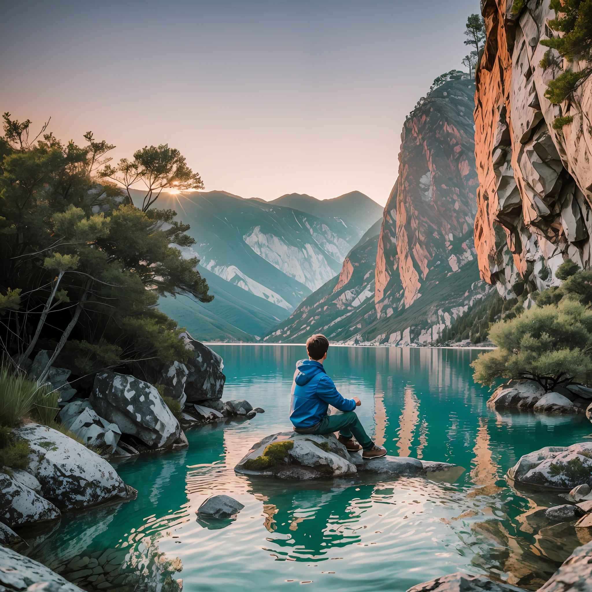 /Imagine: Boy sitting on a rock looking at the horizon in a lake, 8K, UHD, severe low lighting, high quality, sharp focus, Fujifilm XT3 --auto --s2